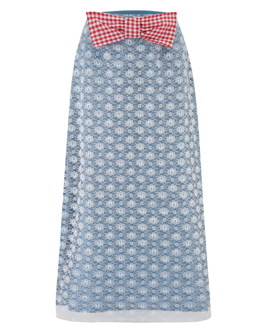 LUCIANA ✧ Denim + White Lace + Red Gingham Bow Long Skirt