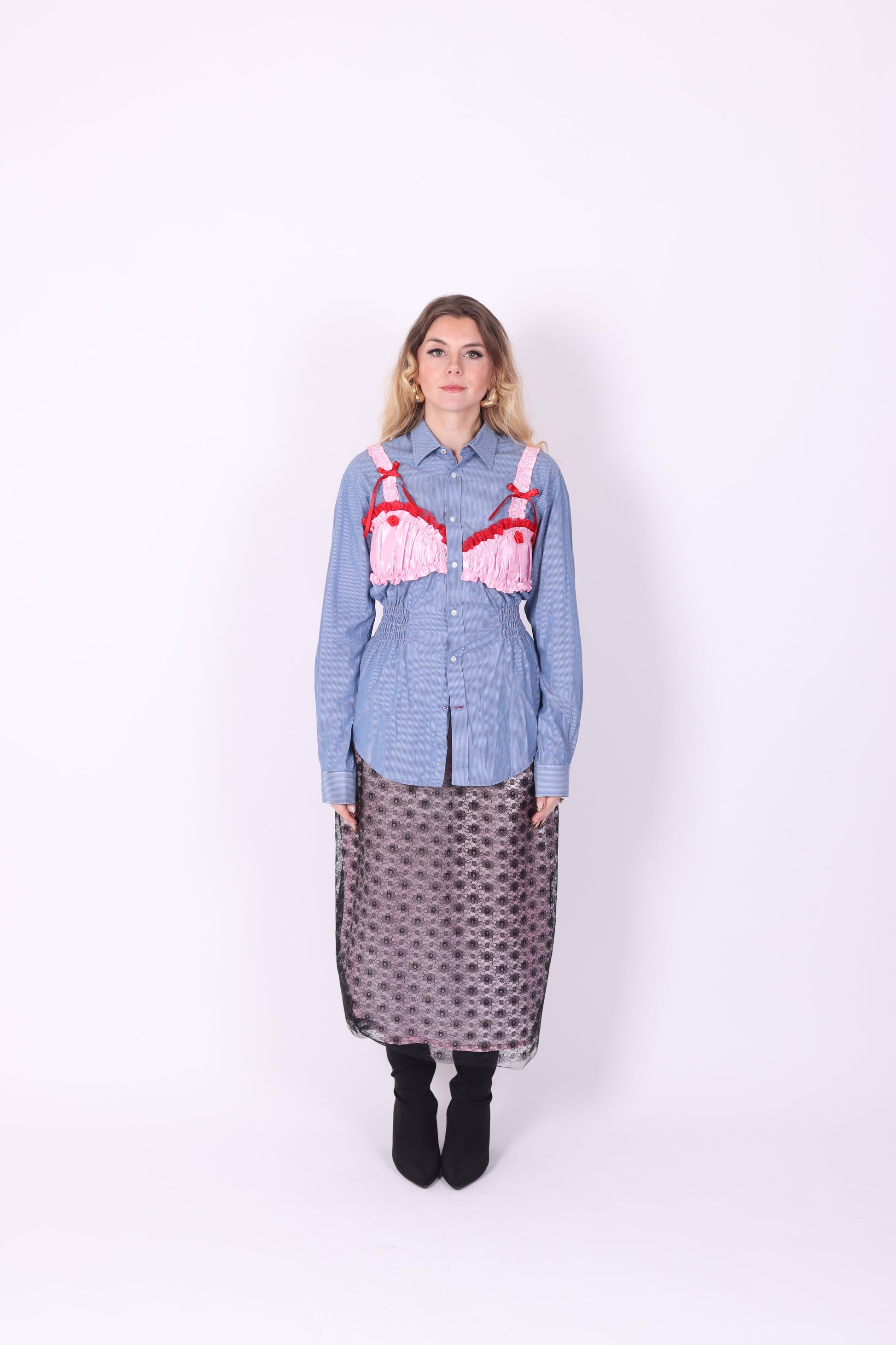 REWORK SHIRT DELTA OF PHOENIX BLUE PINSTRIPE PINK RED BRALETTE