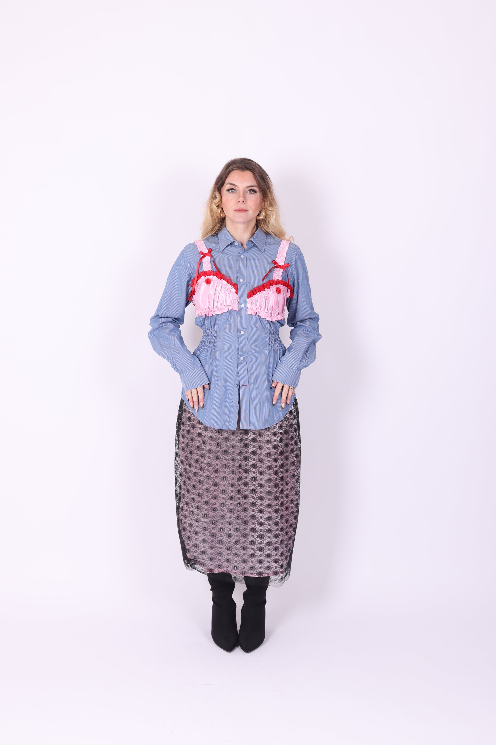 REWORK SHIRT DELTA OF PHOENIX BLUE PINSTRIPE PINK RED BRALETTE