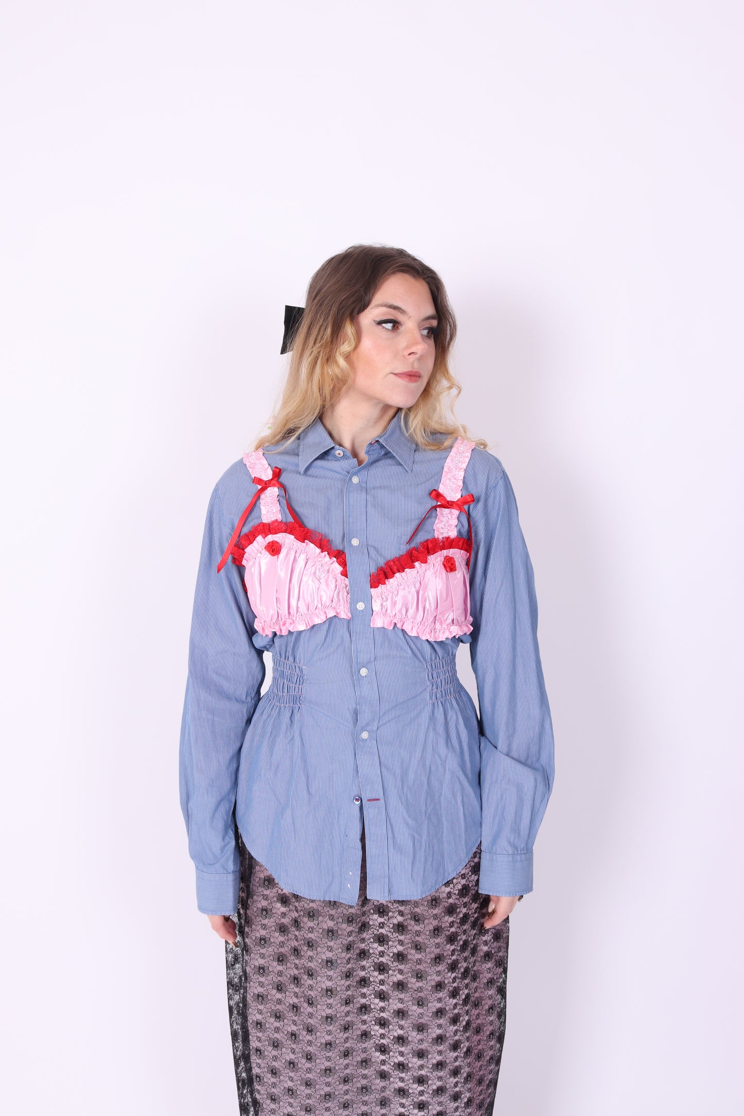 REWORK SHIRT DELTA OF PHOENIX BLUE PINSTRIPE PINK RED BRALETTE