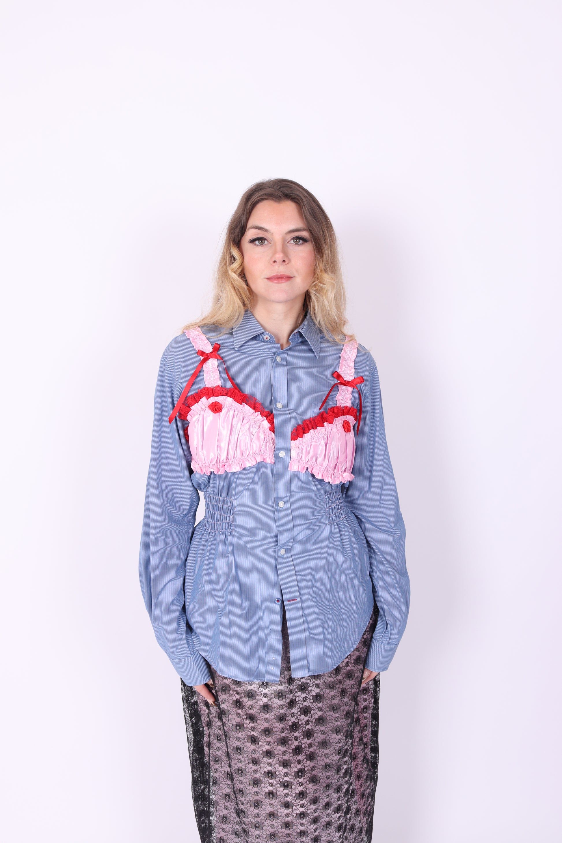 REWORK SHIRT DELTA OF PHOENIX BLUE PINSTRIPE PINK RED BRALETTE