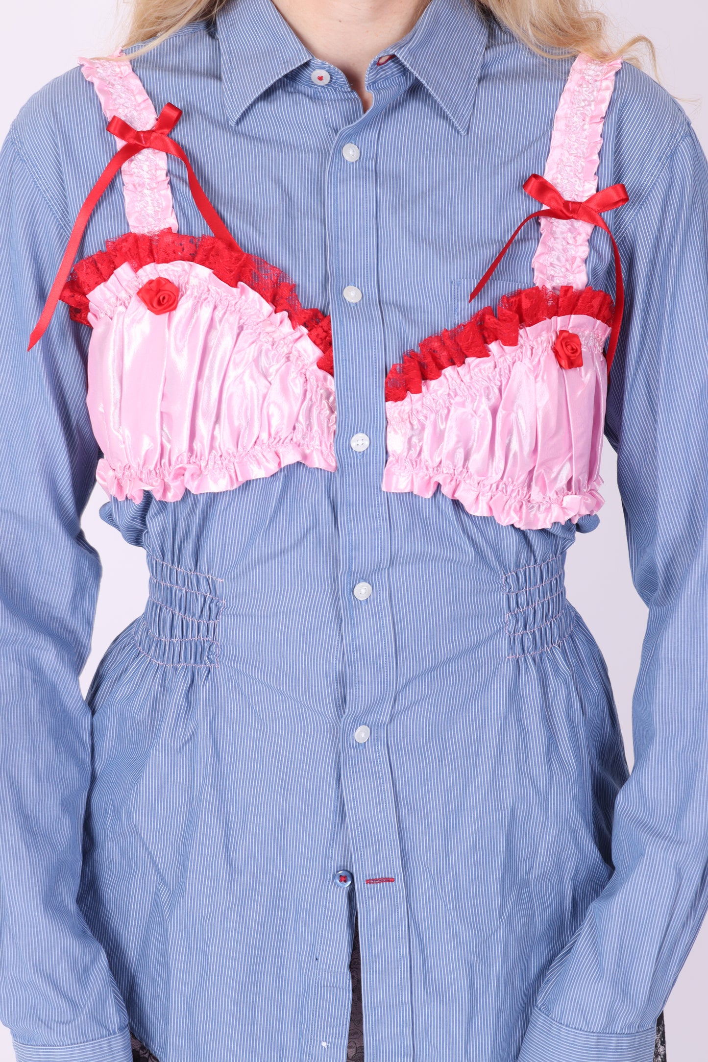REWORK SHIRT DELTA OF PHOENIX BLUE PINSTRIPE PINK RED BRALETTE