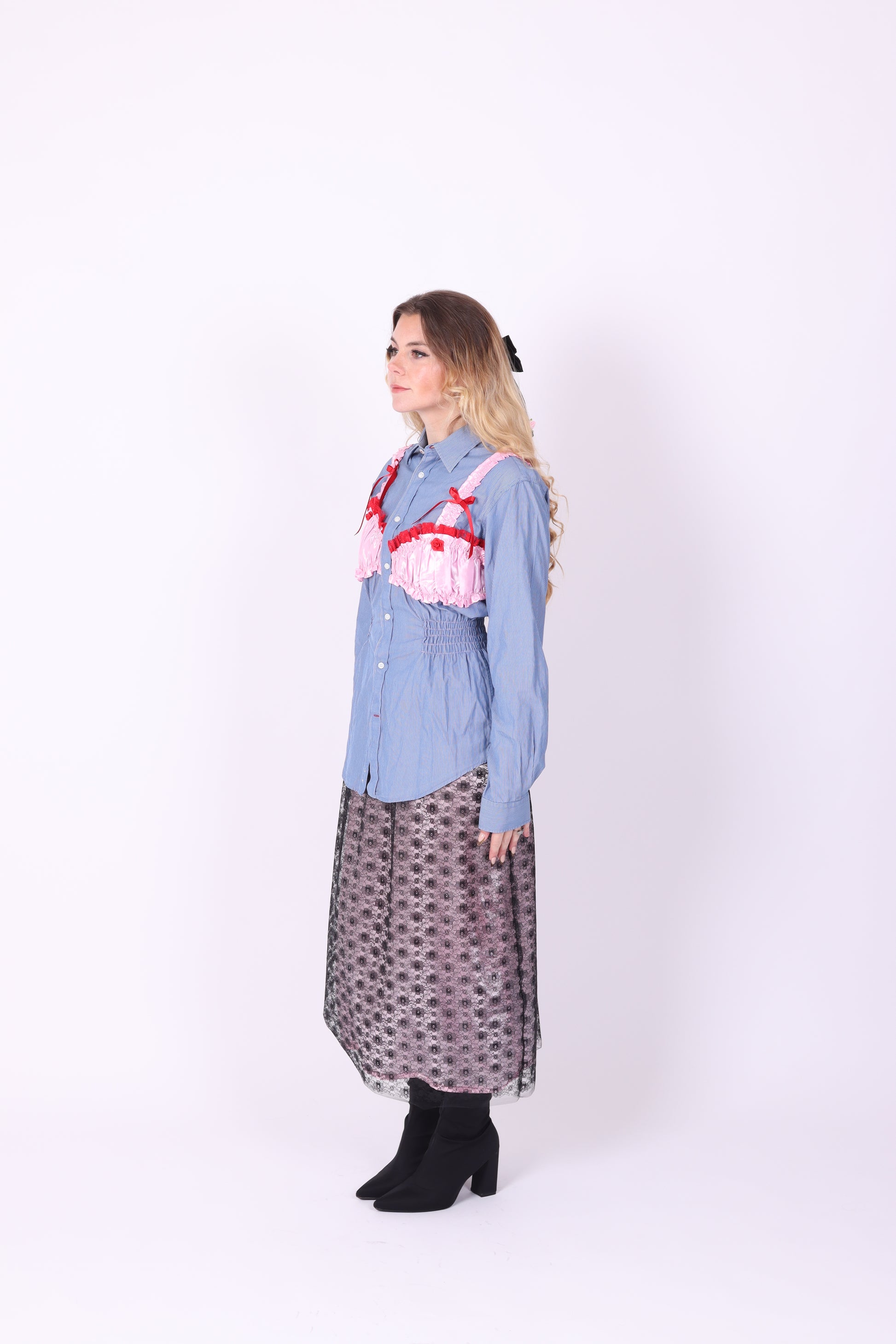 REWORK SHIRT DELTA OF PHOENIX BLUE PINSTRIPE PINK RED BRALETTE