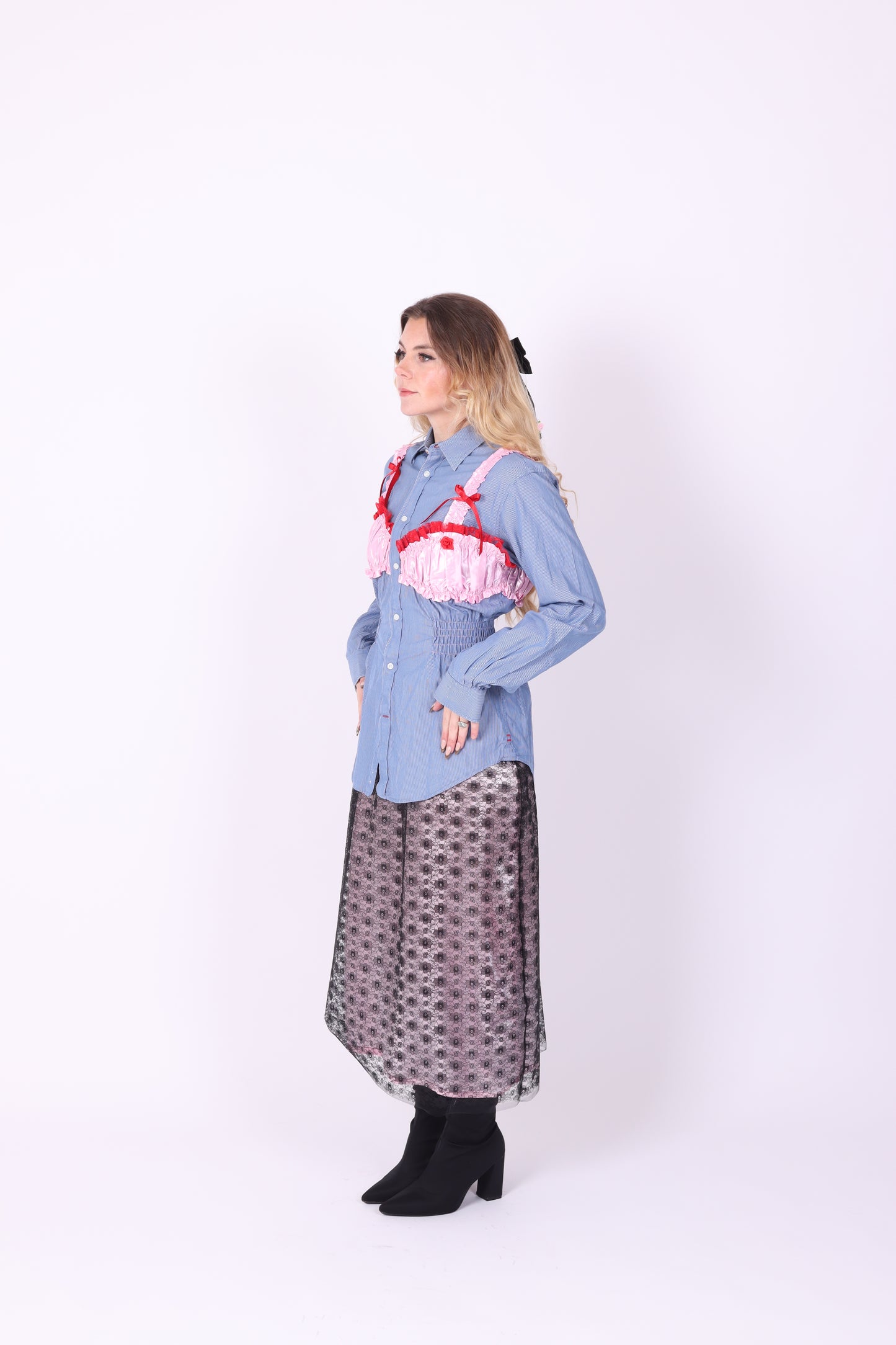 REWORK SHIRT DELTA OF PHOENIX BLUE PINSTRIPE PINK RED BRALETTE