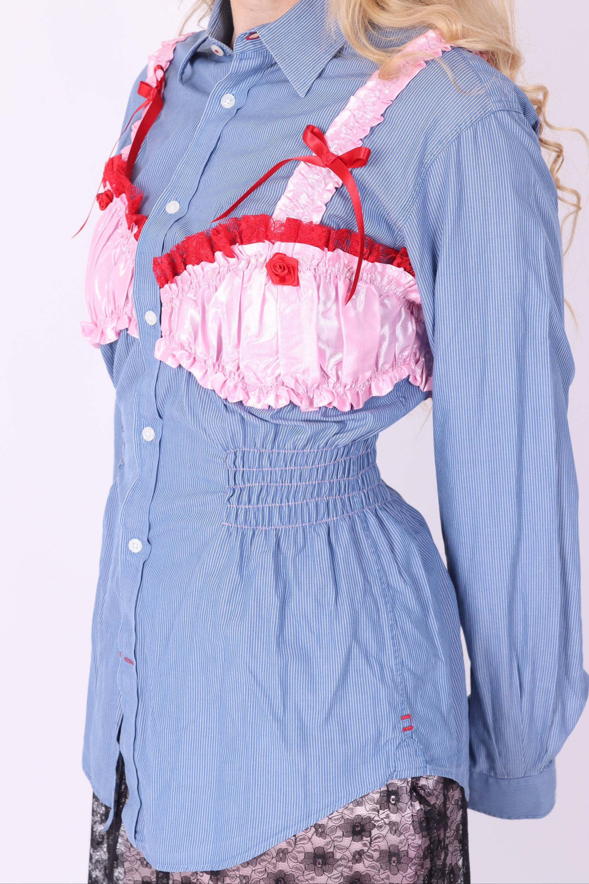 REWORK SHIRT DELTA OF PHOENIX BLUE PINSTRIPE PINK RED BRALETTE