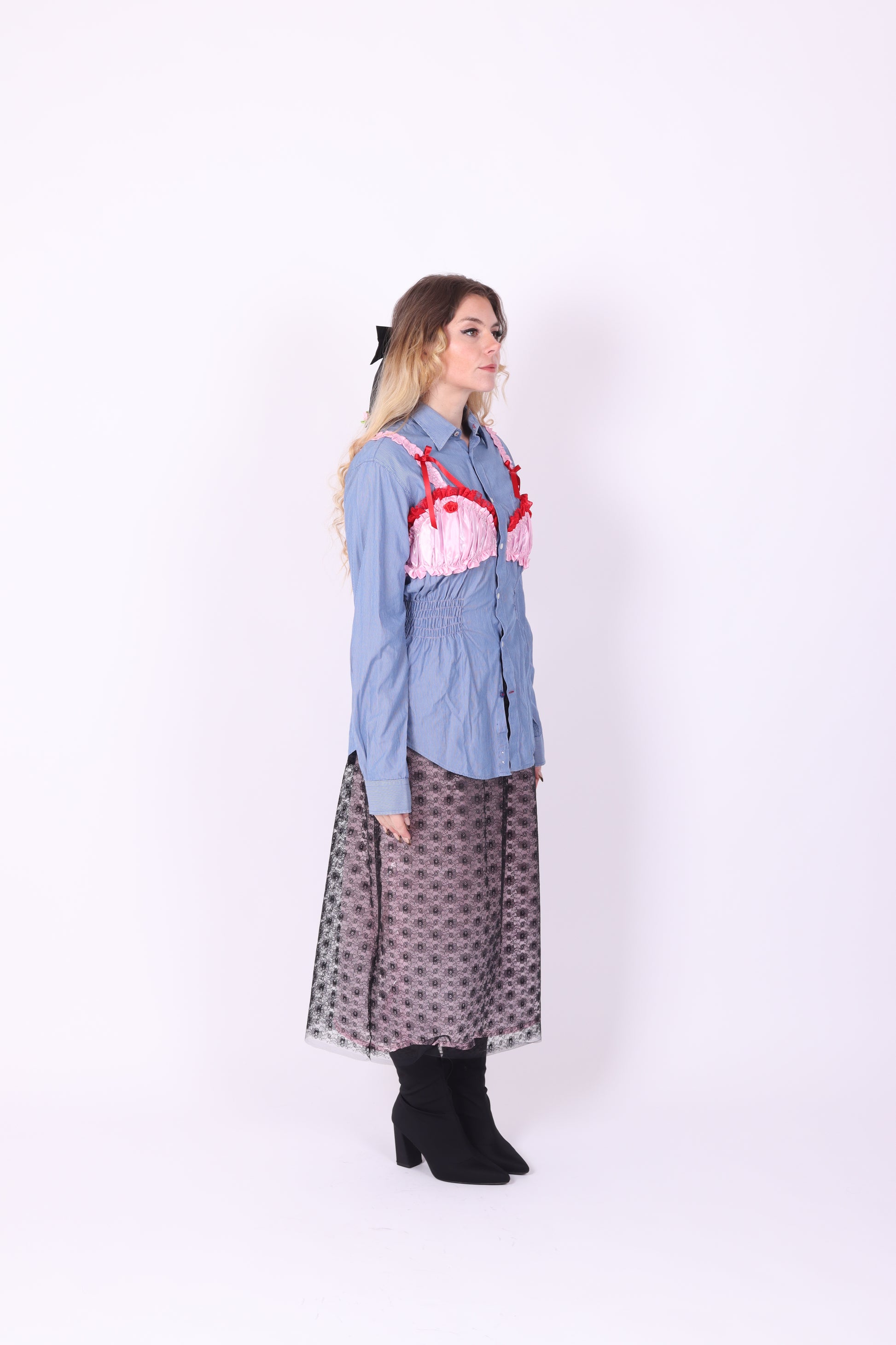 REWORK SHIRT DELTA OF PHOENIX BLUE PINSTRIPE PINK RED BRALETTE