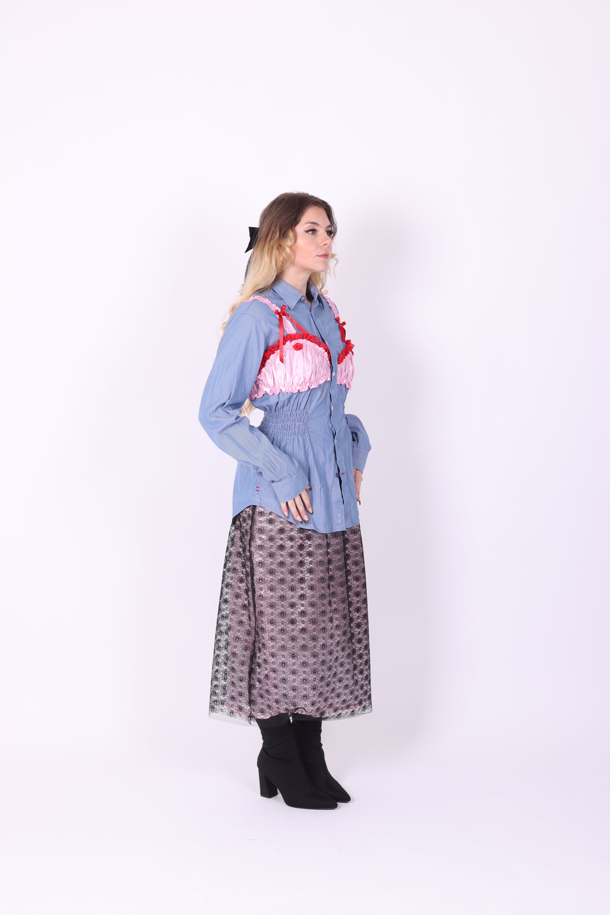 REWORK SHIRT DELTA OF PHOENIX BLUE PINSTRIPE PINK RED BRALETTE