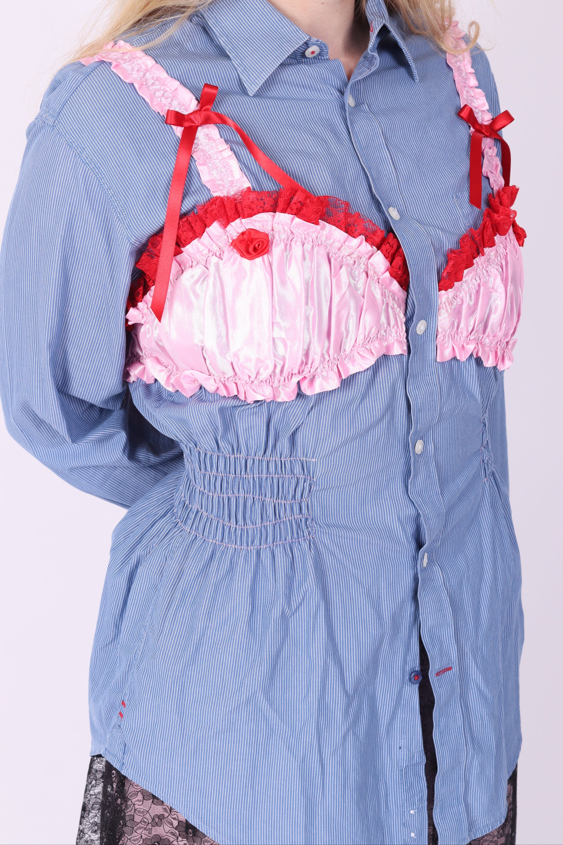 REWORK SHIRT DELTA OF PHOENIX BLUE PINSTRIPE PINK RED BRALETTE