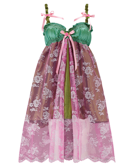 SERAPHINA ✧ Green and Pink Lace Babydoll Dress