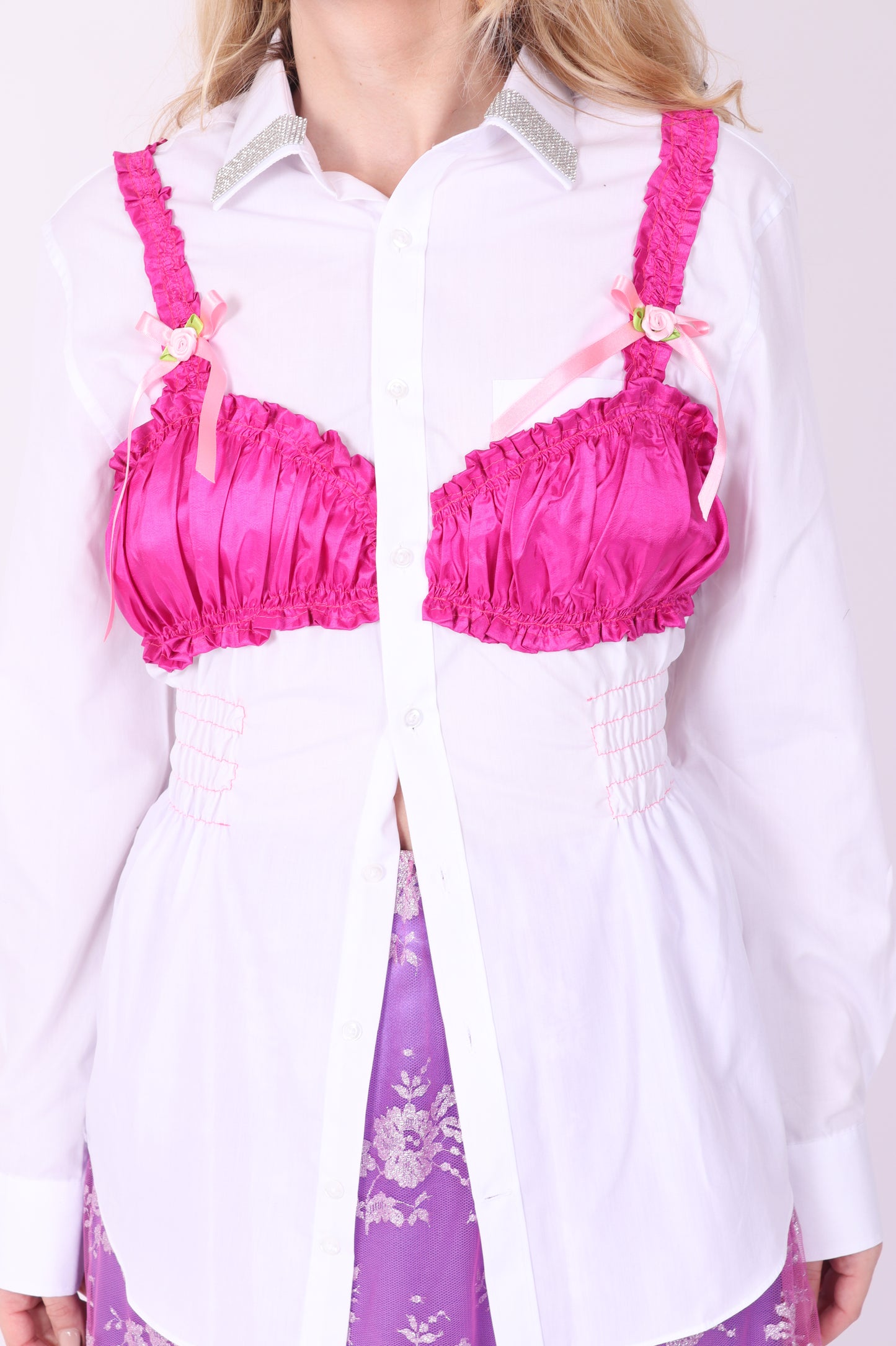 WHITE REWORK SHIRT PINK BRALETTE DELTA OF PHOENIX