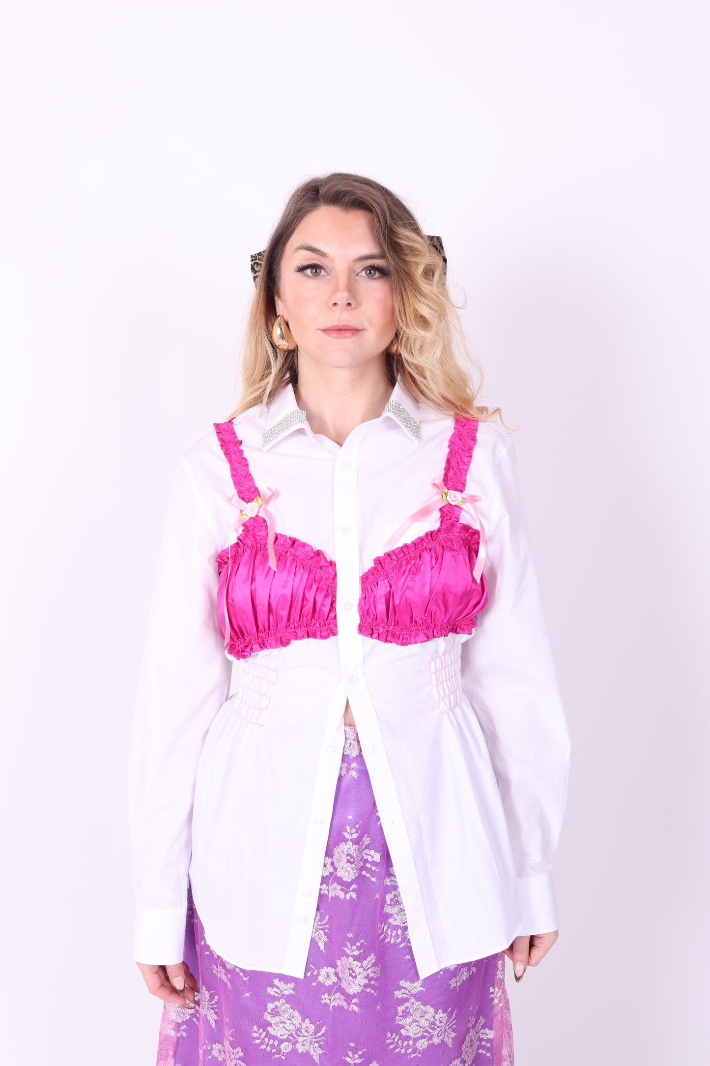 WHITE REWORK SHIRT PINK BRALETTE DELTA OF PHOENIX