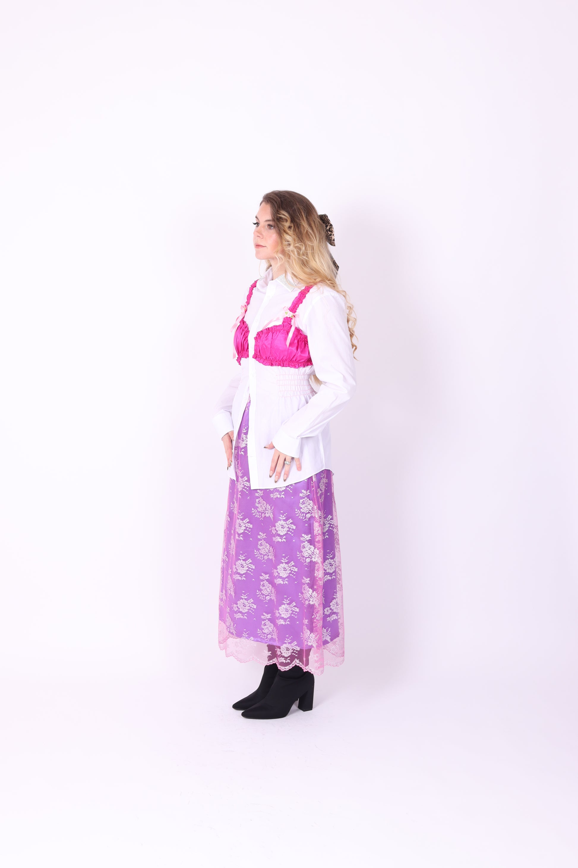 WHITE REWORK SHIRT PINK BRALETTE DELTA OF PHOENIX