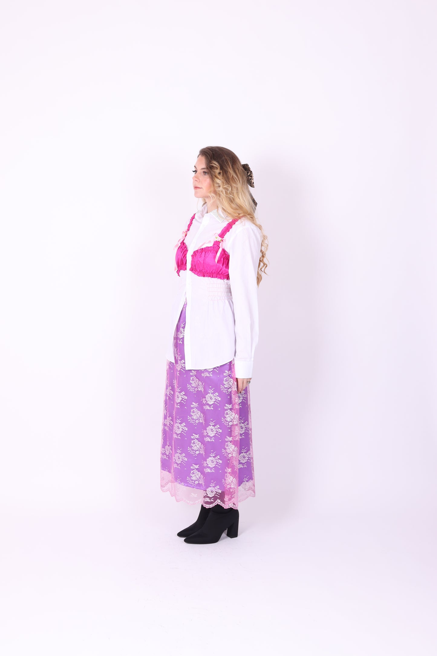 WHITE REWORK SHIRT PINK BRALETTE DELTA OF PHOENIX