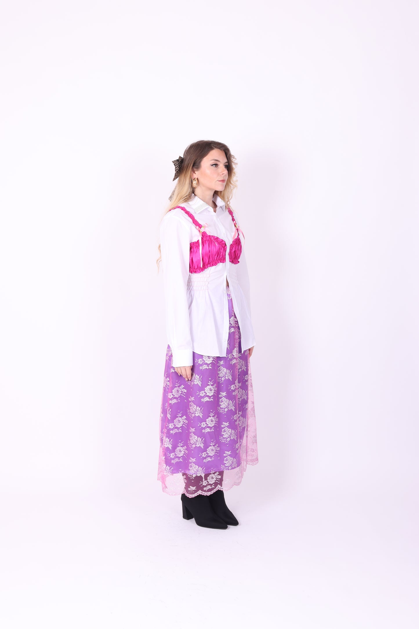 WHITE REWORK SHIRT PINK BRALETTE DELTA OF PHOENIX