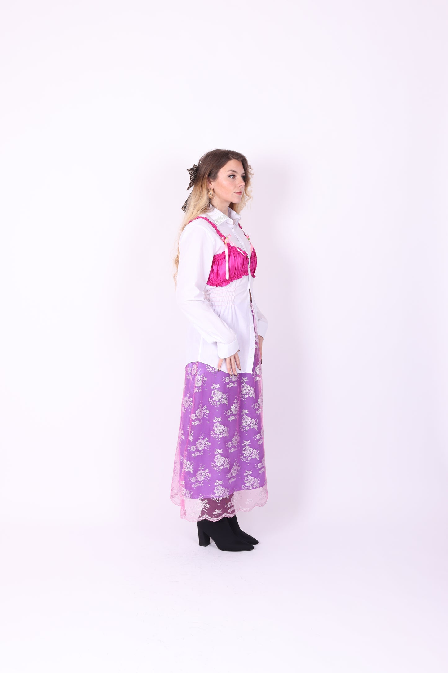 WHITE REWORK SHIRT PINK BRALETTE DELTA OF PHOENIX