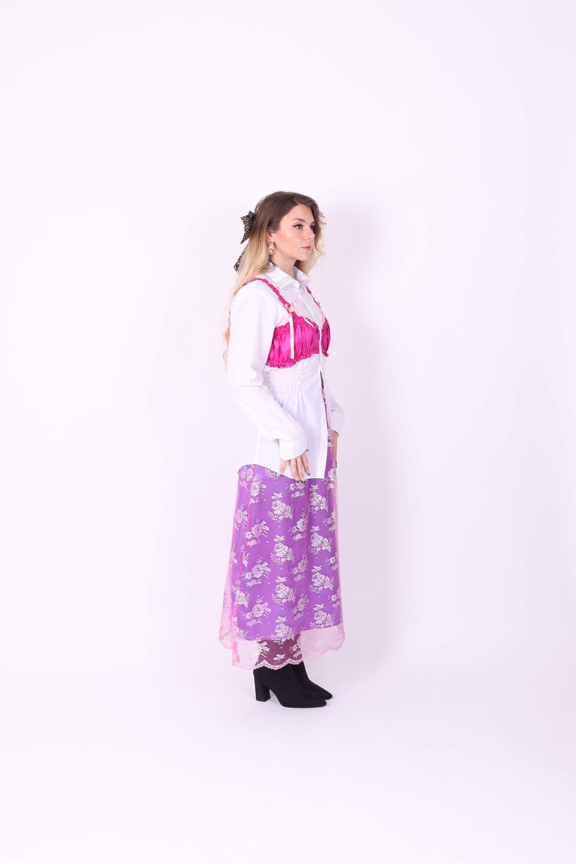 WHITE REWORK SHIRT PINK BRALETTE DELTA OF PHOENIX