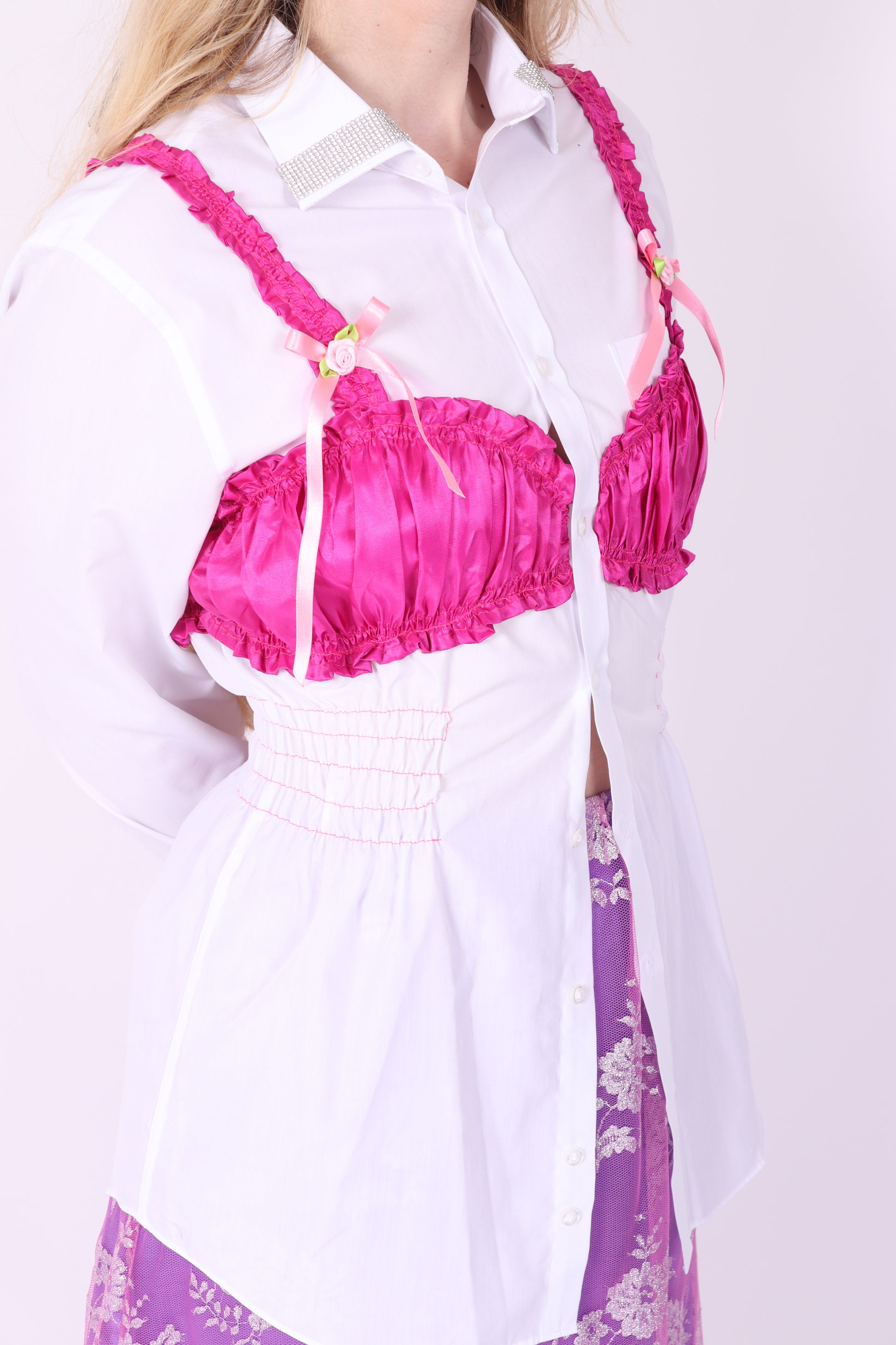 WHITE REWORK SHIRT PINK BRALETTE DELTA OF PHOENIX