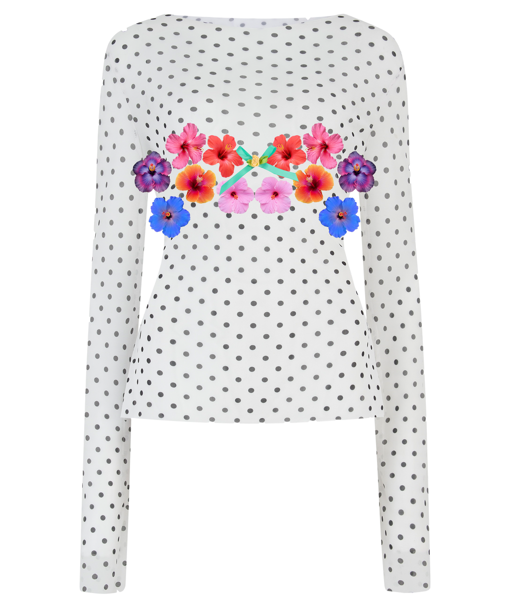 BACHI ✧ Polka Dot + Hibiscus Mesh Top