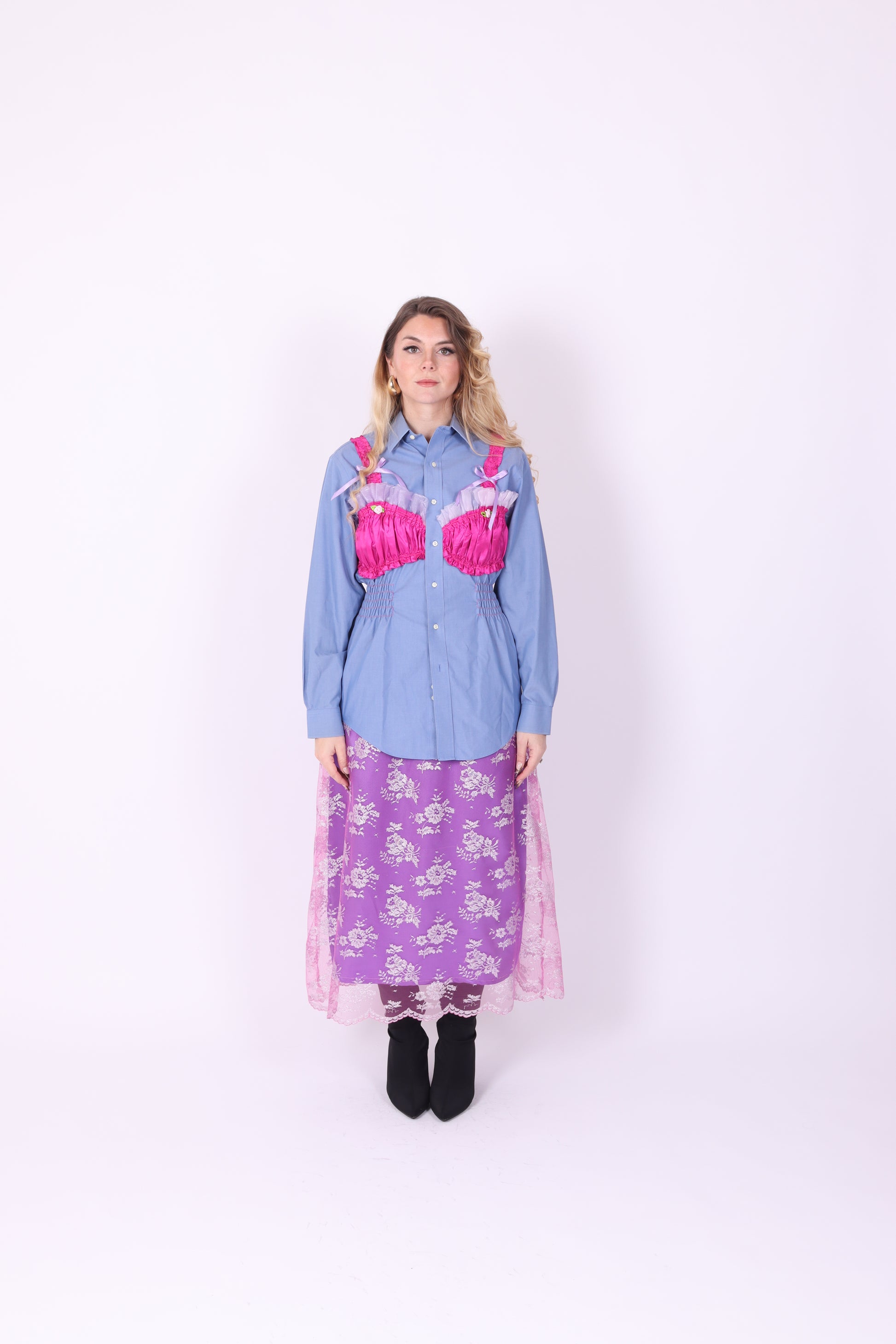 BLUE REWORK SHIRT FUCHSIA PINK BRALETTE DELTA OF PHOENIX 