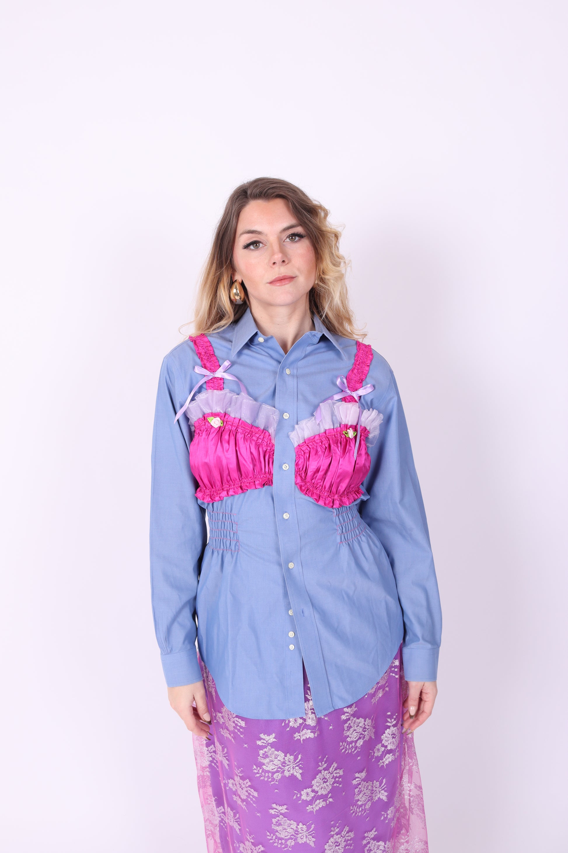 BLUE REWORK SHIRT FUCHSIA PINK BRALETTE DELTA OF PHOENIX 
