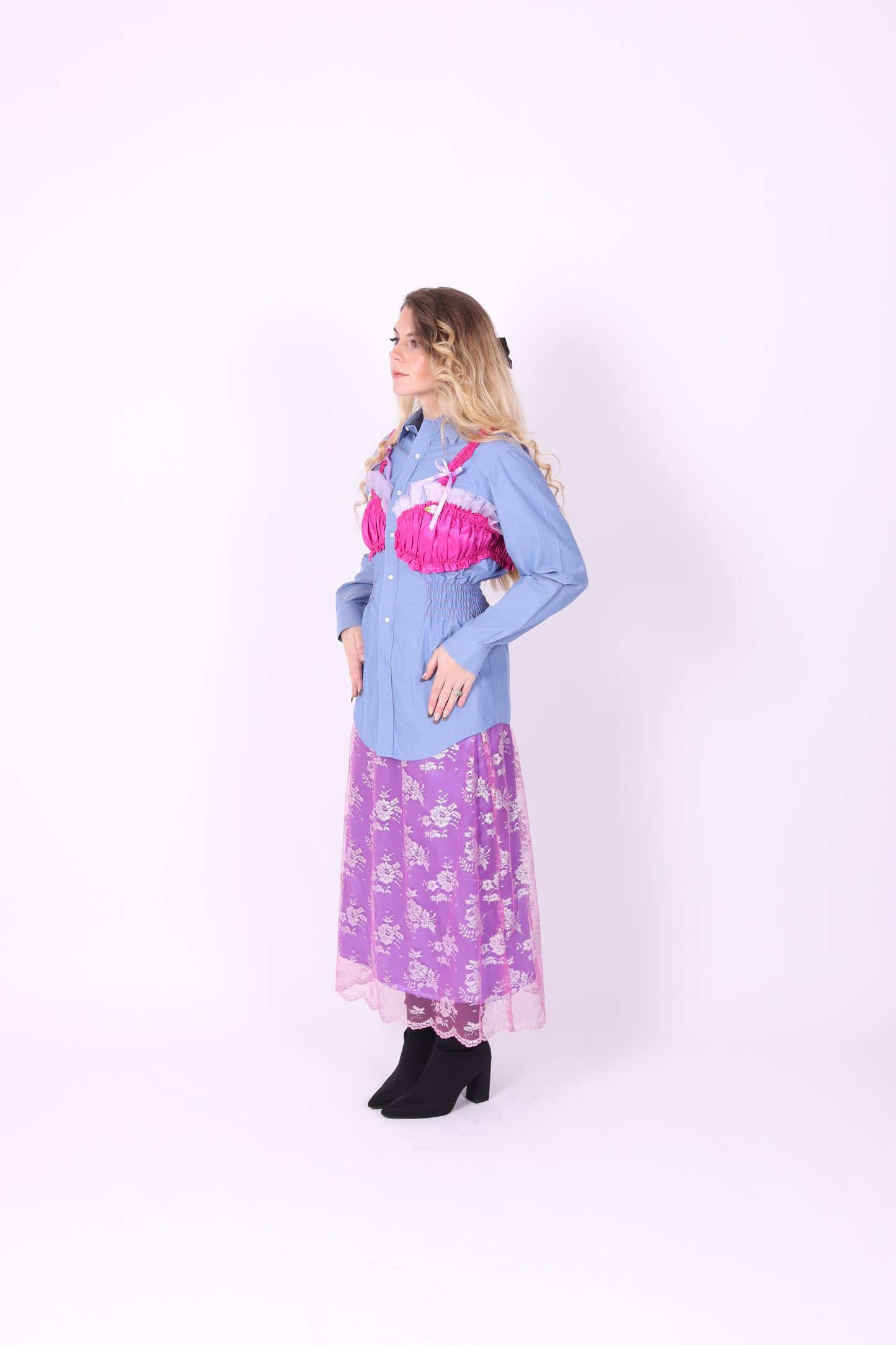 BLUE REWORK SHIRT FUCHSIA PINK BRALETTE DELTA OF PHOENIX 