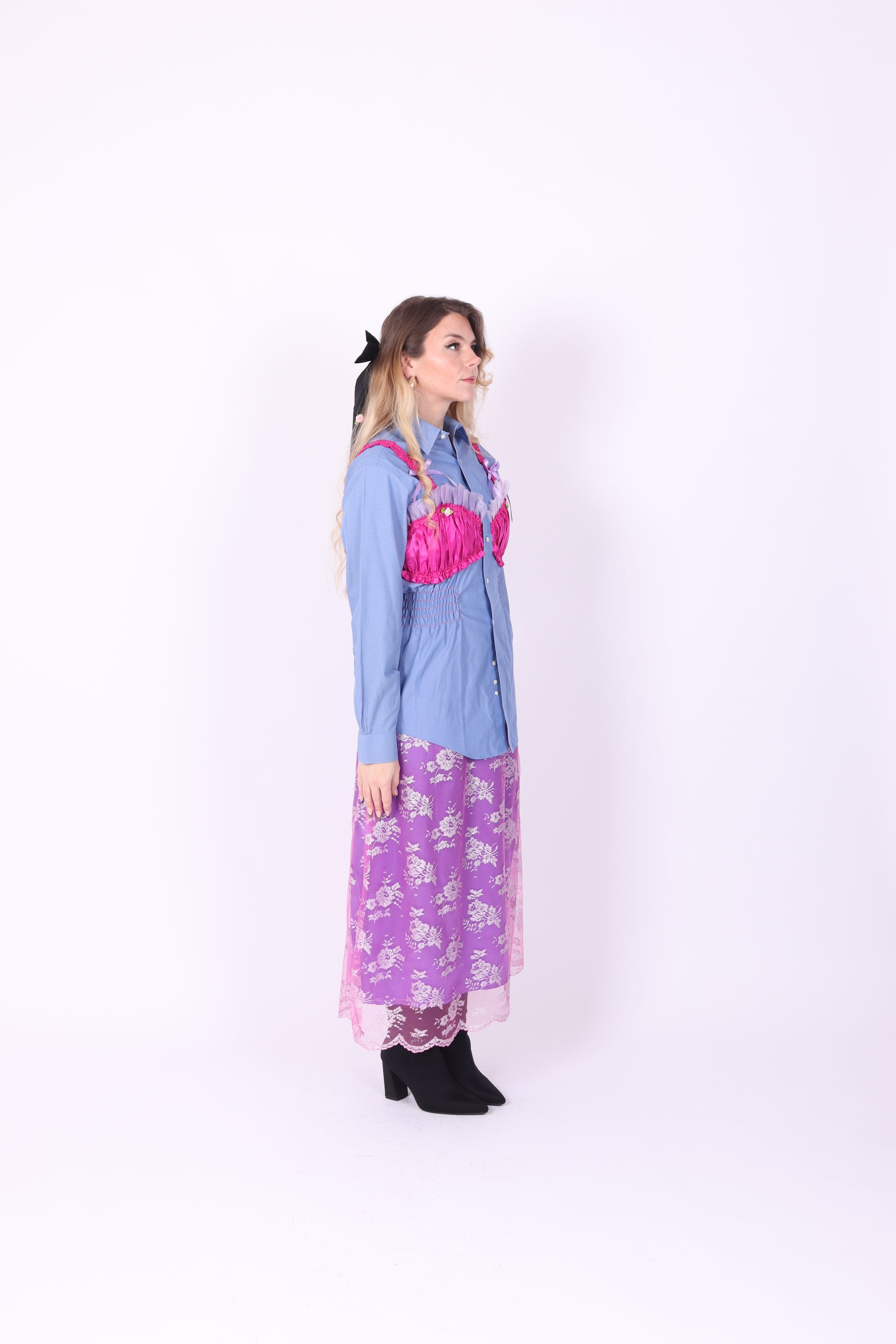 BLUE REWORK SHIRT FUCHSIA PINK BRALETTE DELTA OF PHOENIX 