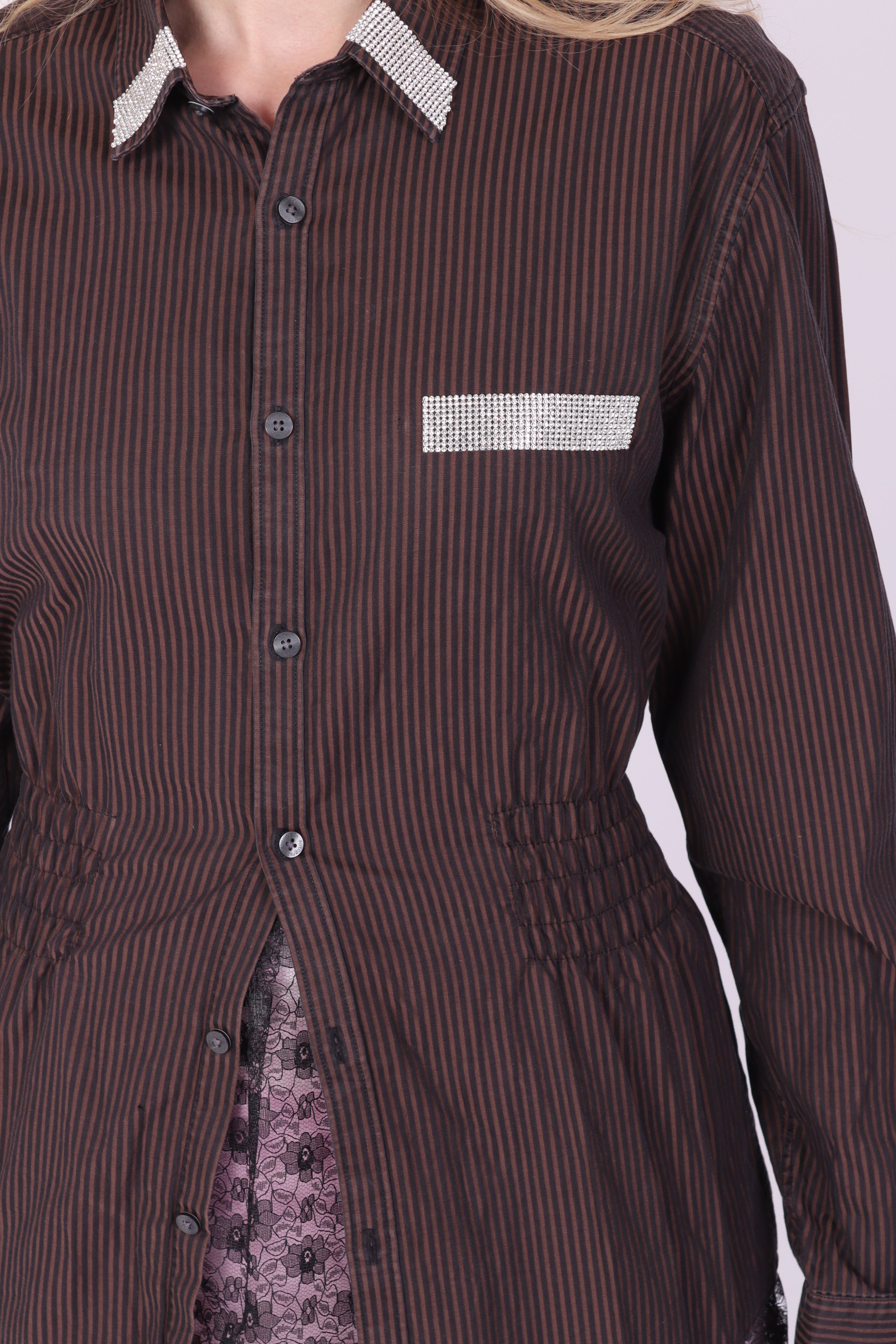 BROWN BLACK STRIPE DIAMANTE REWORK SHIRT DELTA OF PHOENIX