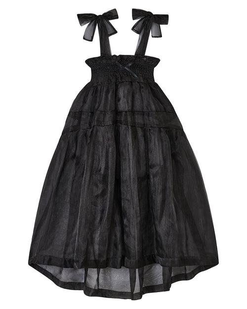 Black organza waterfall dress with a flowing full skirt, organza bow shoulder straps, and an elasticated shirring panel across the top bodice. Delta of phoenix buffy 2.0 dress