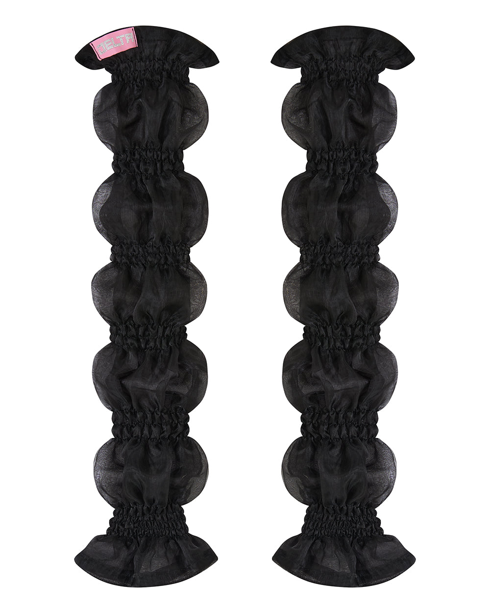 A pair of black organza puff sleeves with adjustable length and thumb hole, designed to be fingerless. Delta Of Phoenix Black Buffy Sleeves