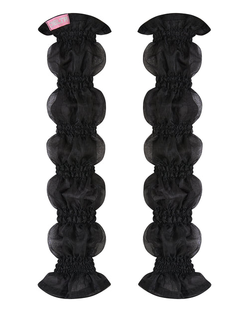 A pair of black organza puff sleeves with adjustable length and thumb hole, designed to be fingerless. Delta Of Phoenix Black Buffy Sleeves