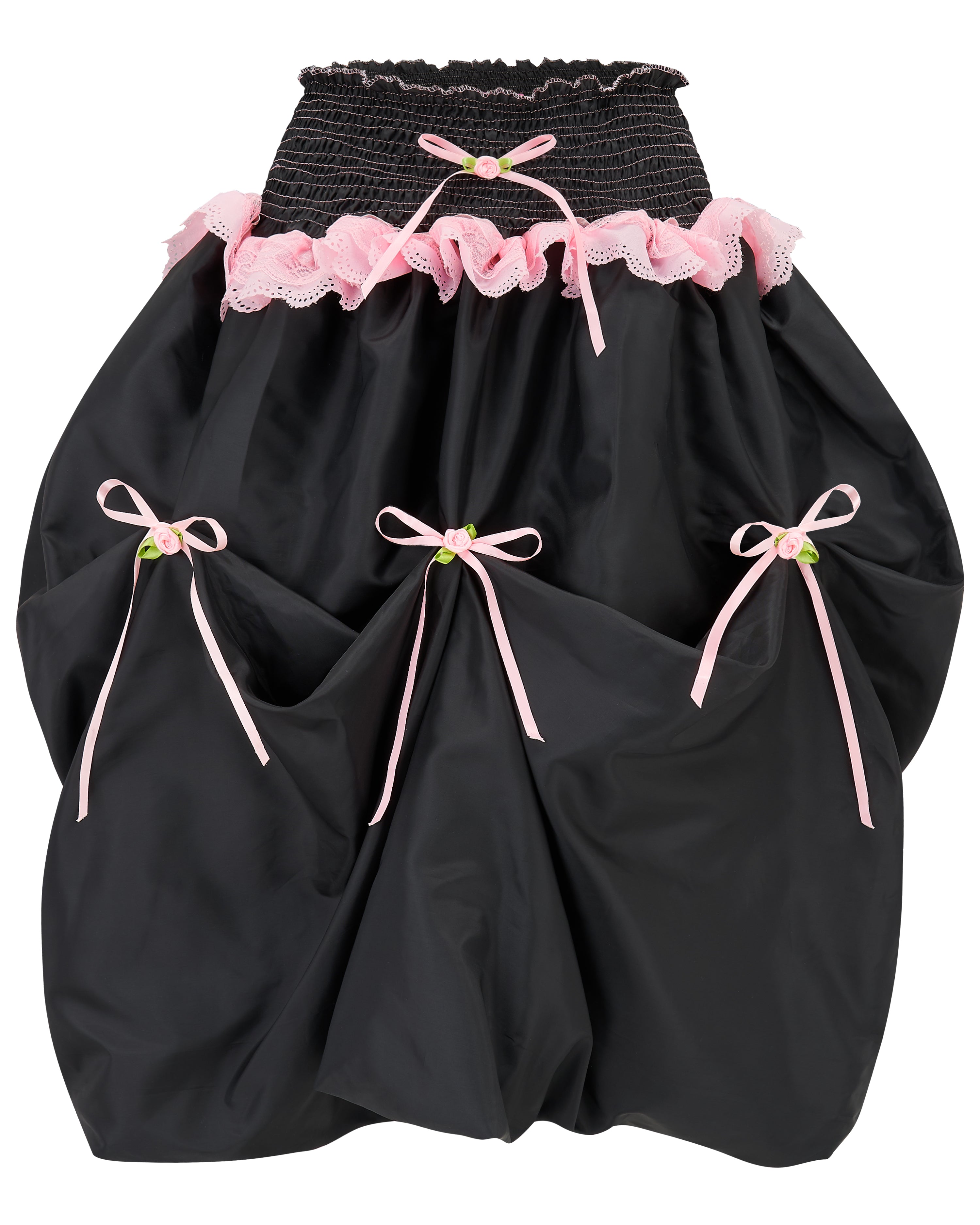 Black midi bubble skirt in black taffeta with pink lace and pink bows - Dahlia Midi Skirt - Delta Of Phoenix