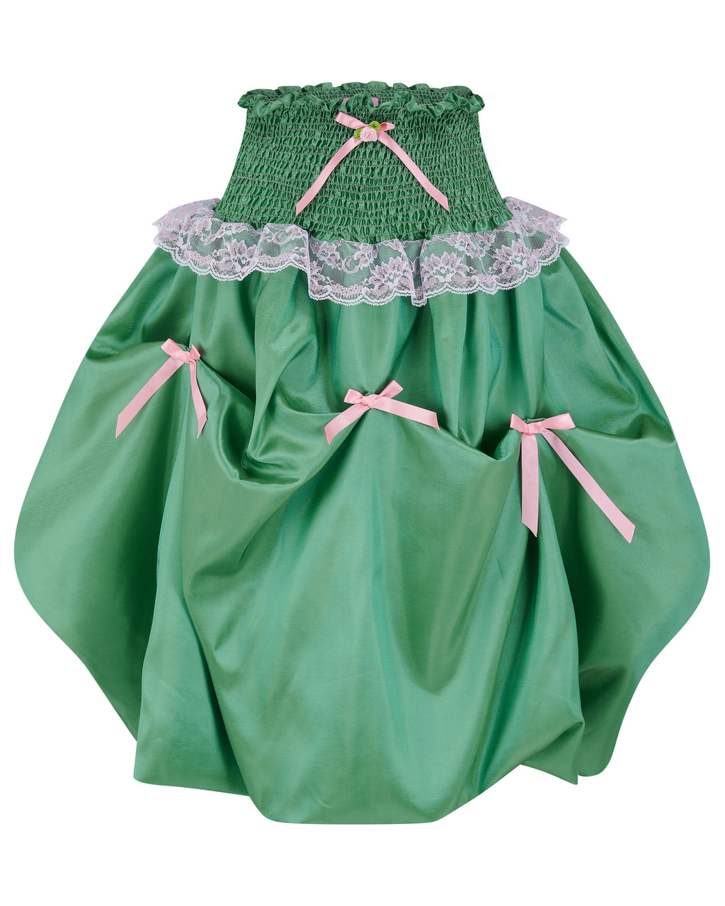 green taffeta midi bubble skirt with pink black and pink bows - desiree bubble midi skirt - delta of phoenix