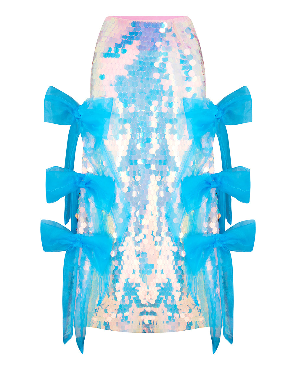 FIORELLE ✧ Iridescent XL Sequin Midi Skirt With Electric Blue Organza Bows