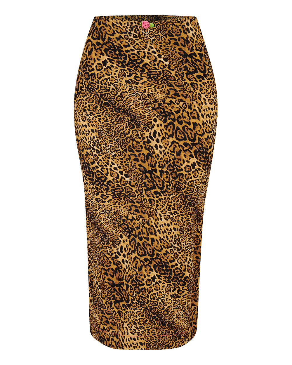 A leopard print midi skirt with pink rosette detailing at the waist, fastened with an invisible side zip. Delta Of phoenix Francine Midi Skirt