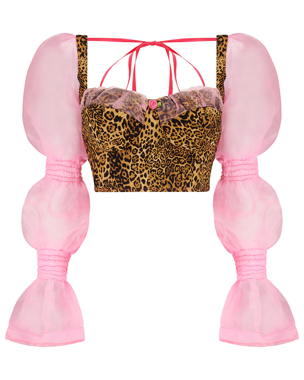 A luxury leopard print corset top with bubblegum pink organza sleeves and rosette detailing, primarily designed as a crop top. Delta Of phoenix Francine Corset Top