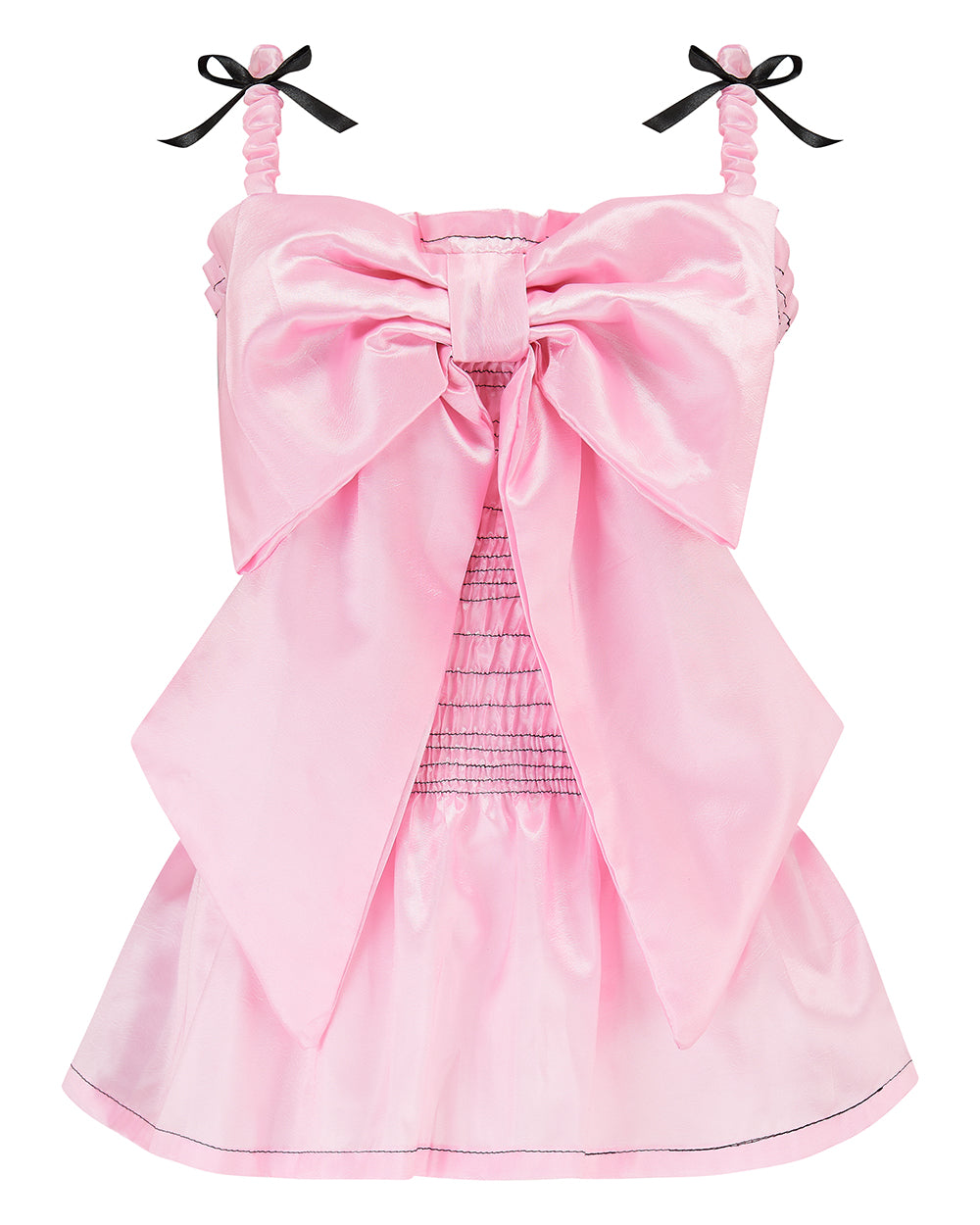 A baby pink taffeta top with a large bow detail on the front, black topstitch elasticated shirring bodice, and black ribbon bow shoulder straps. Delta Of Phoenix Genie Bow Top