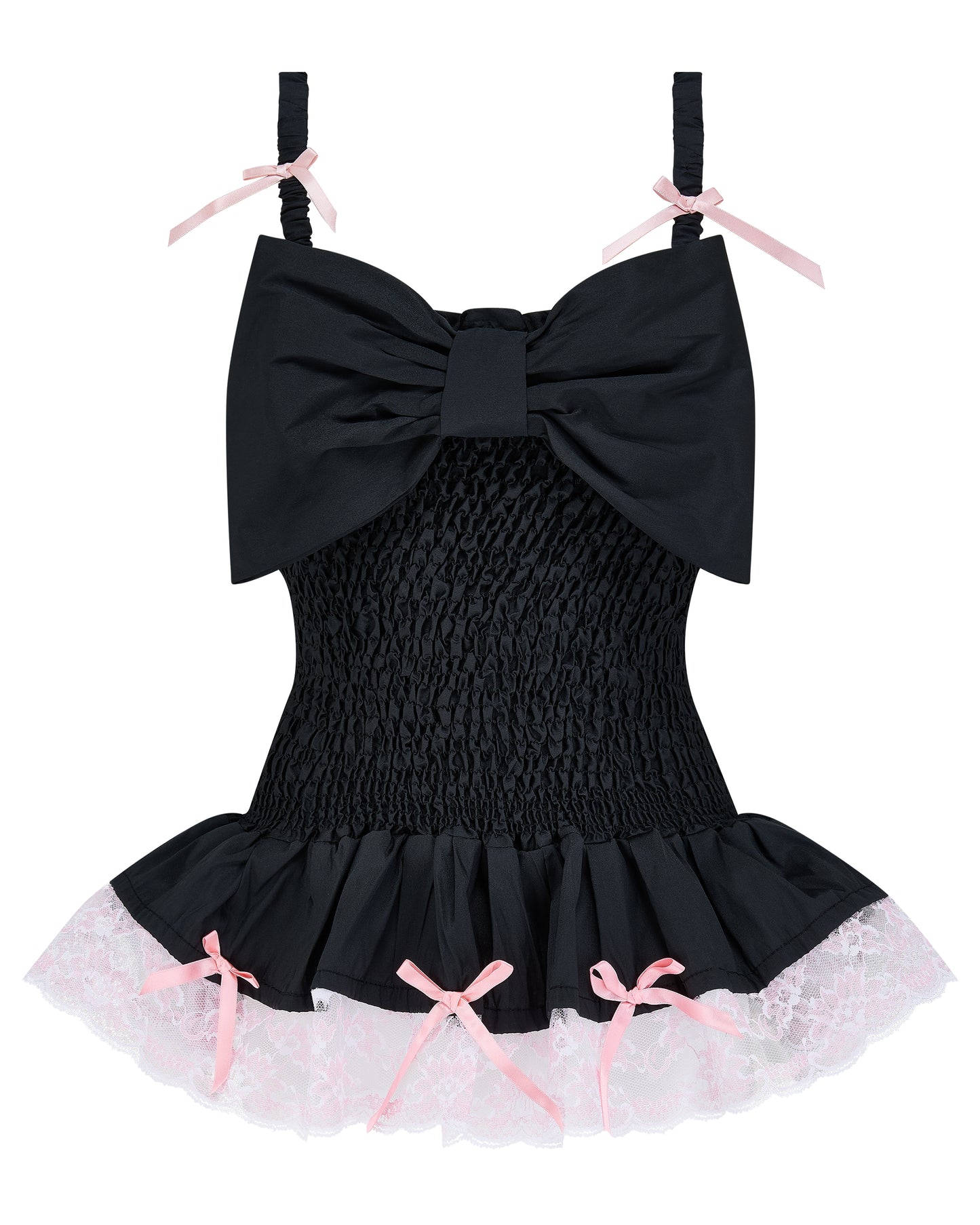 Black taffeta bow top with a large black bow with white lace and pink bows - Genophie Bow Top - Delta Of Phoenix