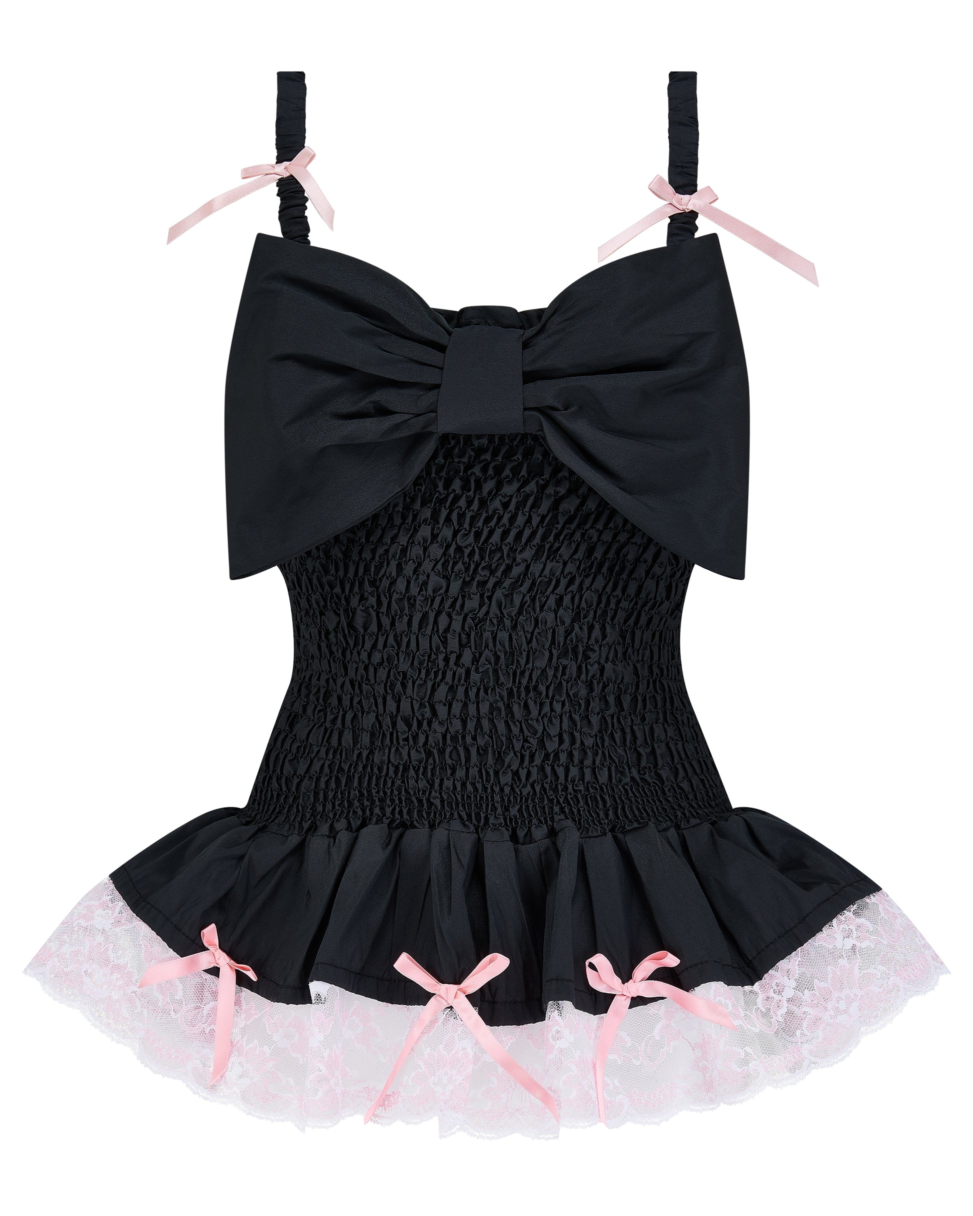Black taffeta bow top with a large black bow with white lace and pink bows - Genophie Bow Top - Delta Of Phoenix