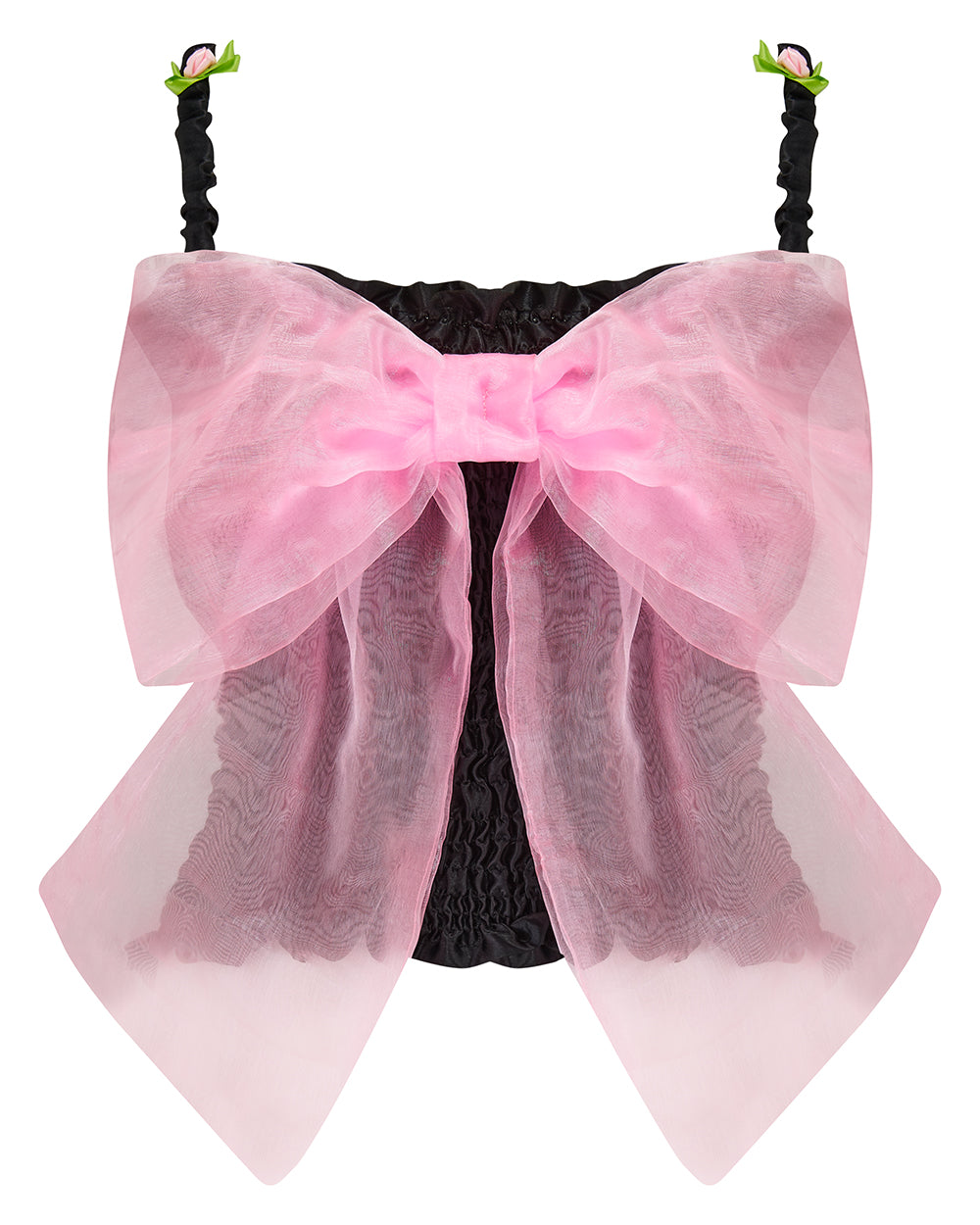 A black satin top with an elasticated shirring bodice and a large bubblegum pink organza bow on the front. It features elasticated shoulder straps with ruched detailing and is displayed against a plain background. Delta Of Phoenix Georgette Bow Top