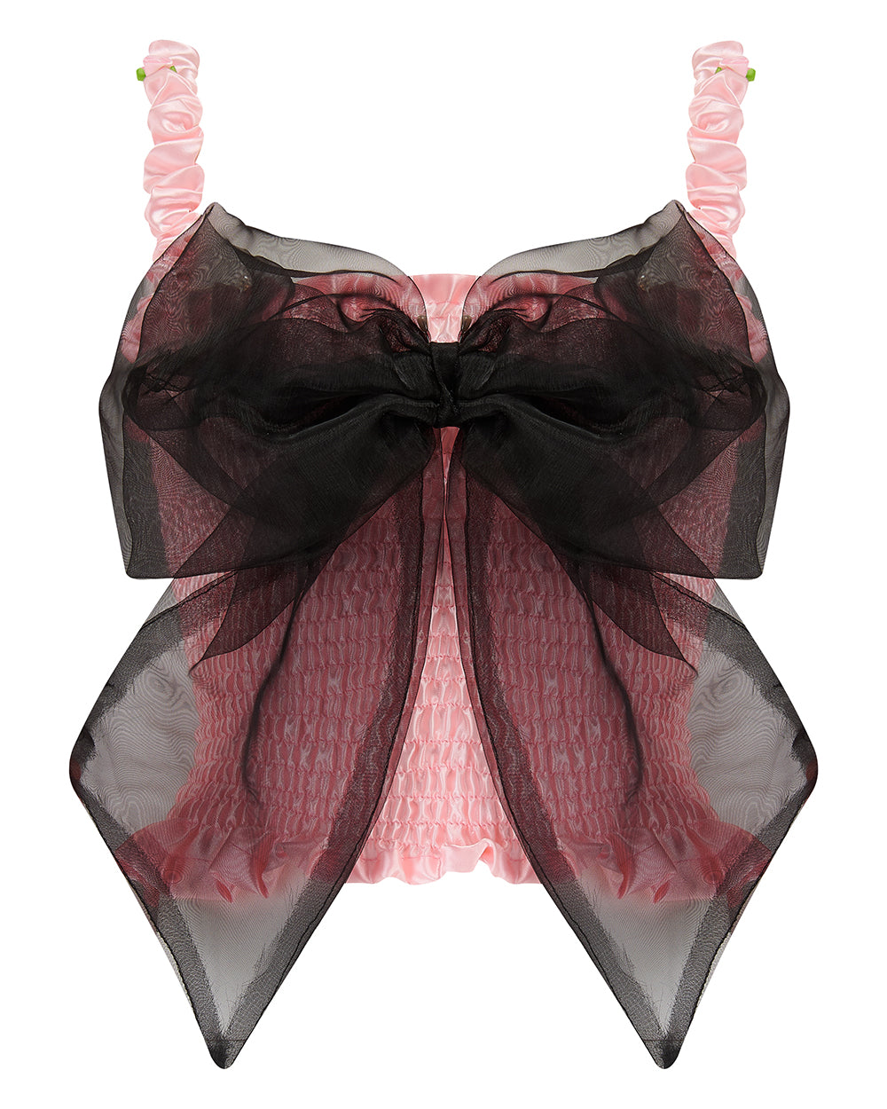 A pink bandeau top with a large black bow on the front, featuring elasticated shirring bodice and ruched shoulder straps. Delta Of Phoenix Giselle Bow Top