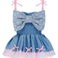 Denim blue bow top with a large white lace bow and pink bows on straps. Gitta Bow Top - Delta Of Phoenix