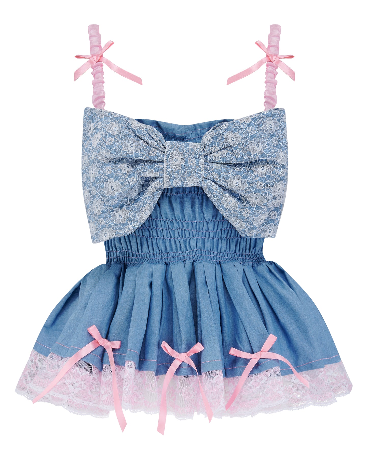 Denim blue bow top with a large white lace bow and pink bows on straps. Gitta Bow Top - Delta Of Phoenix