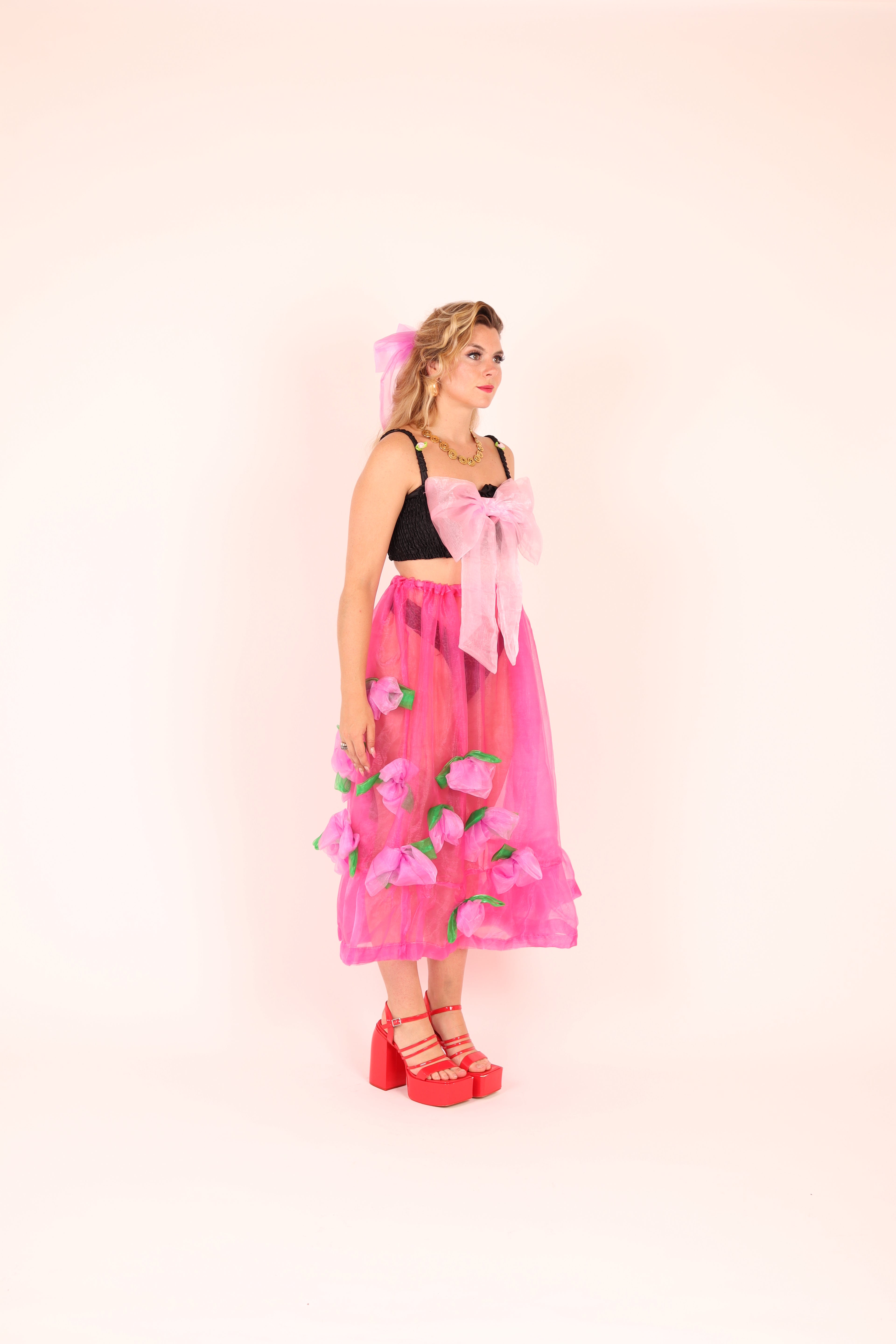 FLEURETTE ✧ Fuchsia Pink Organza Midi Skirt With Cerise Organza Roses