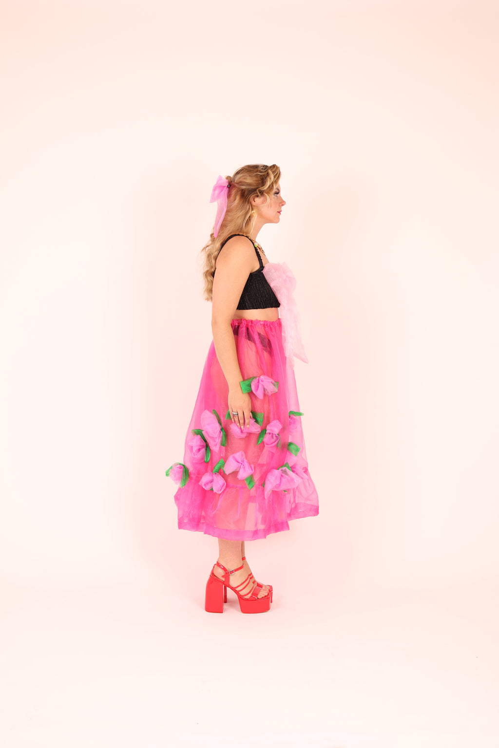 FLEURETTE ✧ Fuchsia Pink Organza Midi Skirt With Cerise Organza Roses