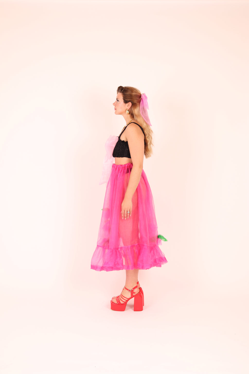 FLEURETTE ✧ Fuchsia Pink Organza Midi Skirt With Cerise Organza Roses