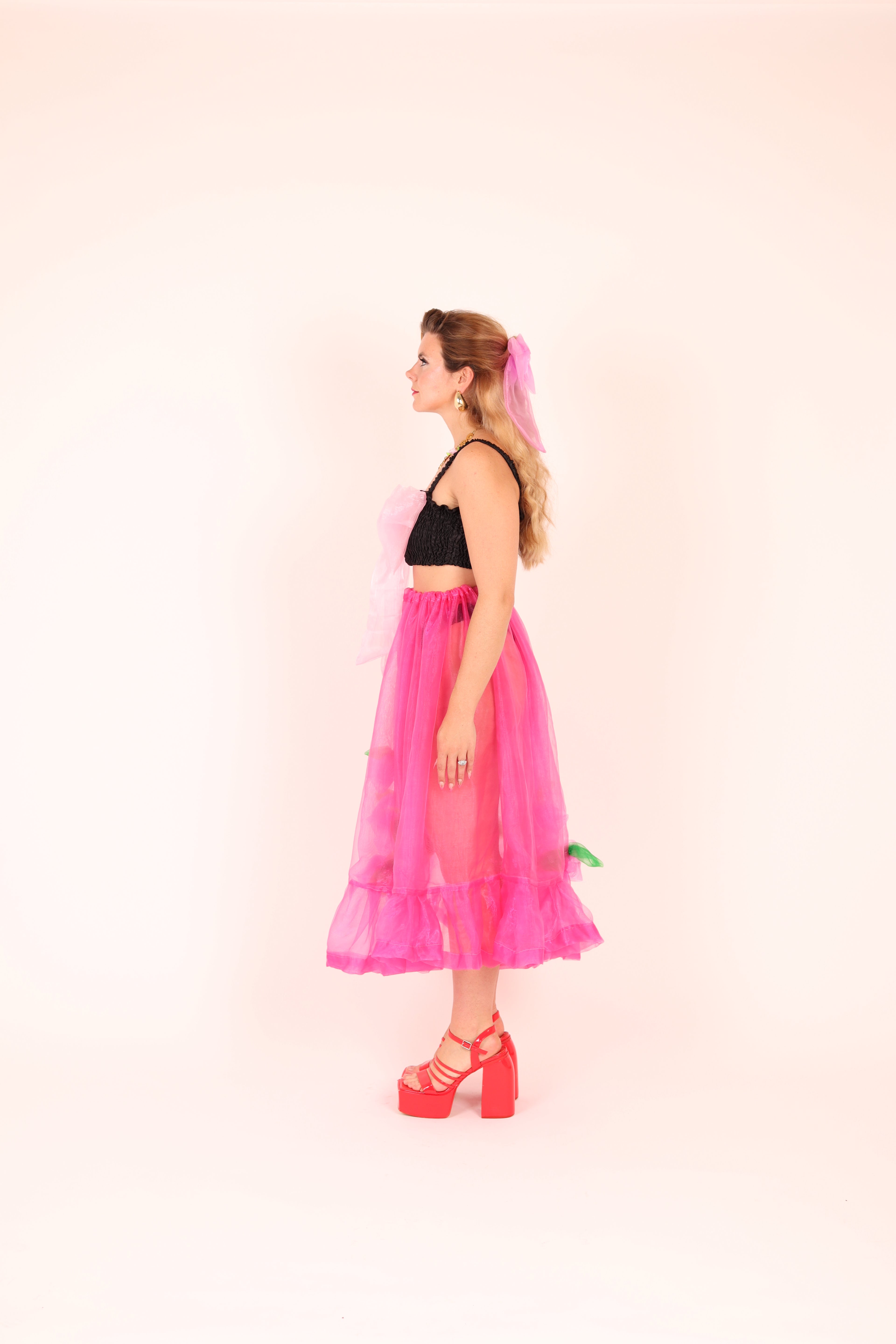 FLEURETTE ✧ Fuchsia Pink Organza Midi Skirt With Cerise Organza Roses