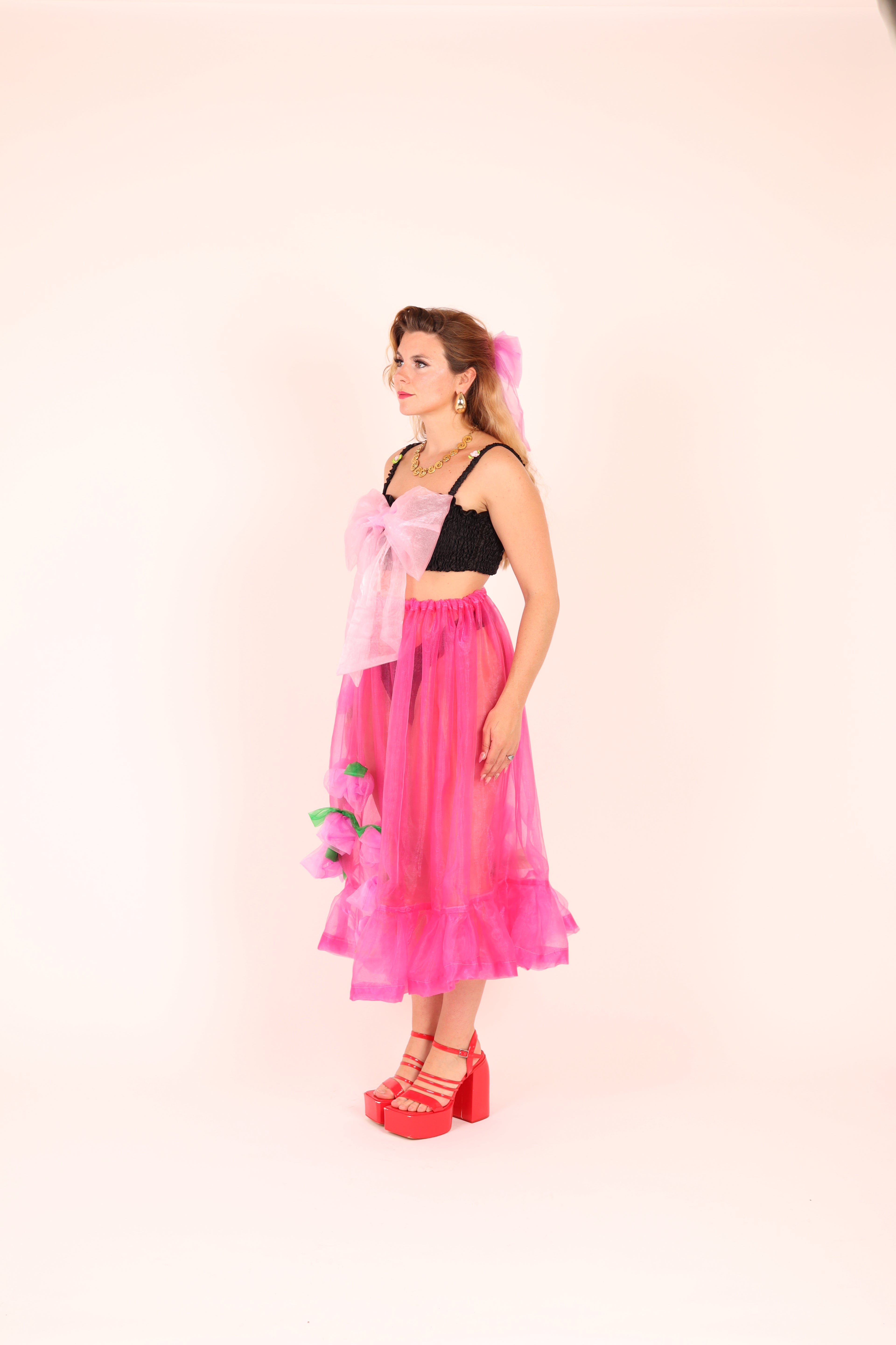 FLEURETTE ✧ Fuchsia Pink Organza Midi Skirt With Cerise Organza Roses