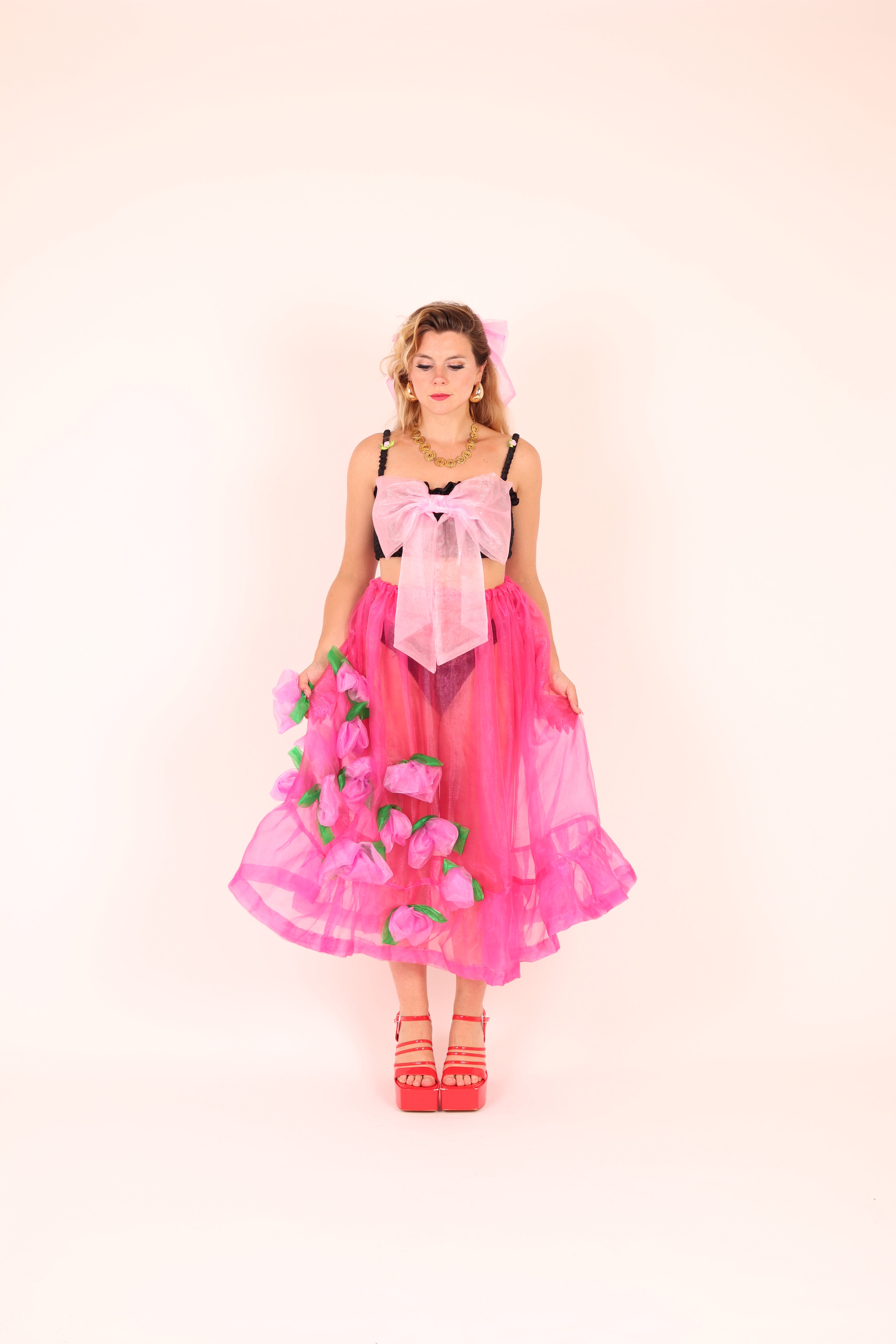 FLEURETTE ✧ Fuchsia Pink Organza Midi Skirt With Cerise Organza Roses