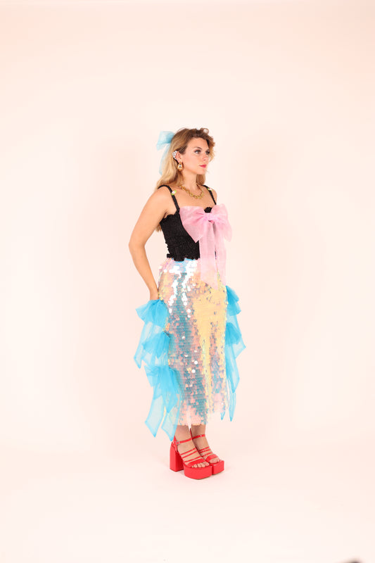 FIORELLE ✧ Iridescent XL Sequin Midi Skirt With Electric Blue Organza Bows