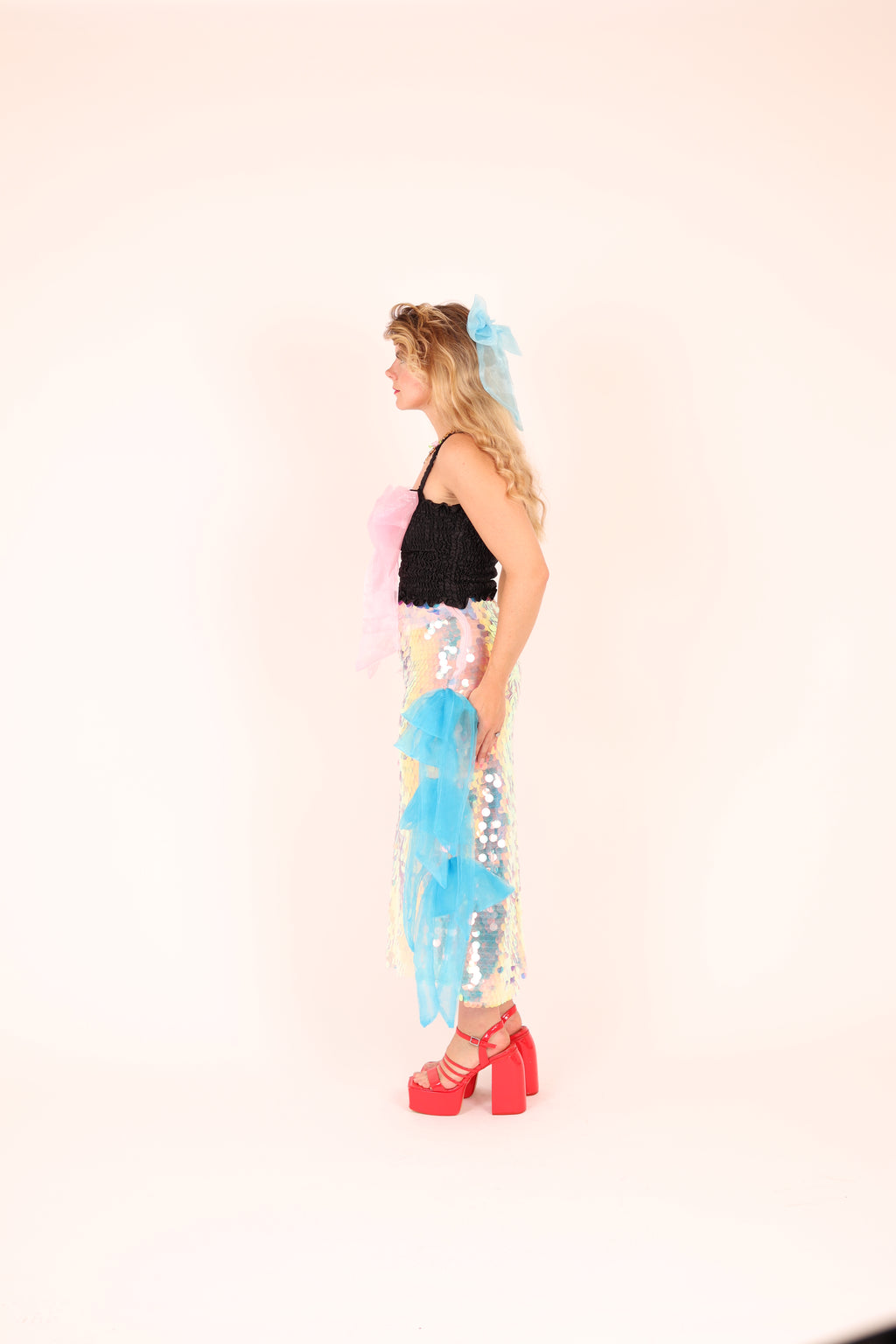 FIORELLE ✧ Iridescent XL Sequin Midi Skirt With Electric Blue Organza Bows
